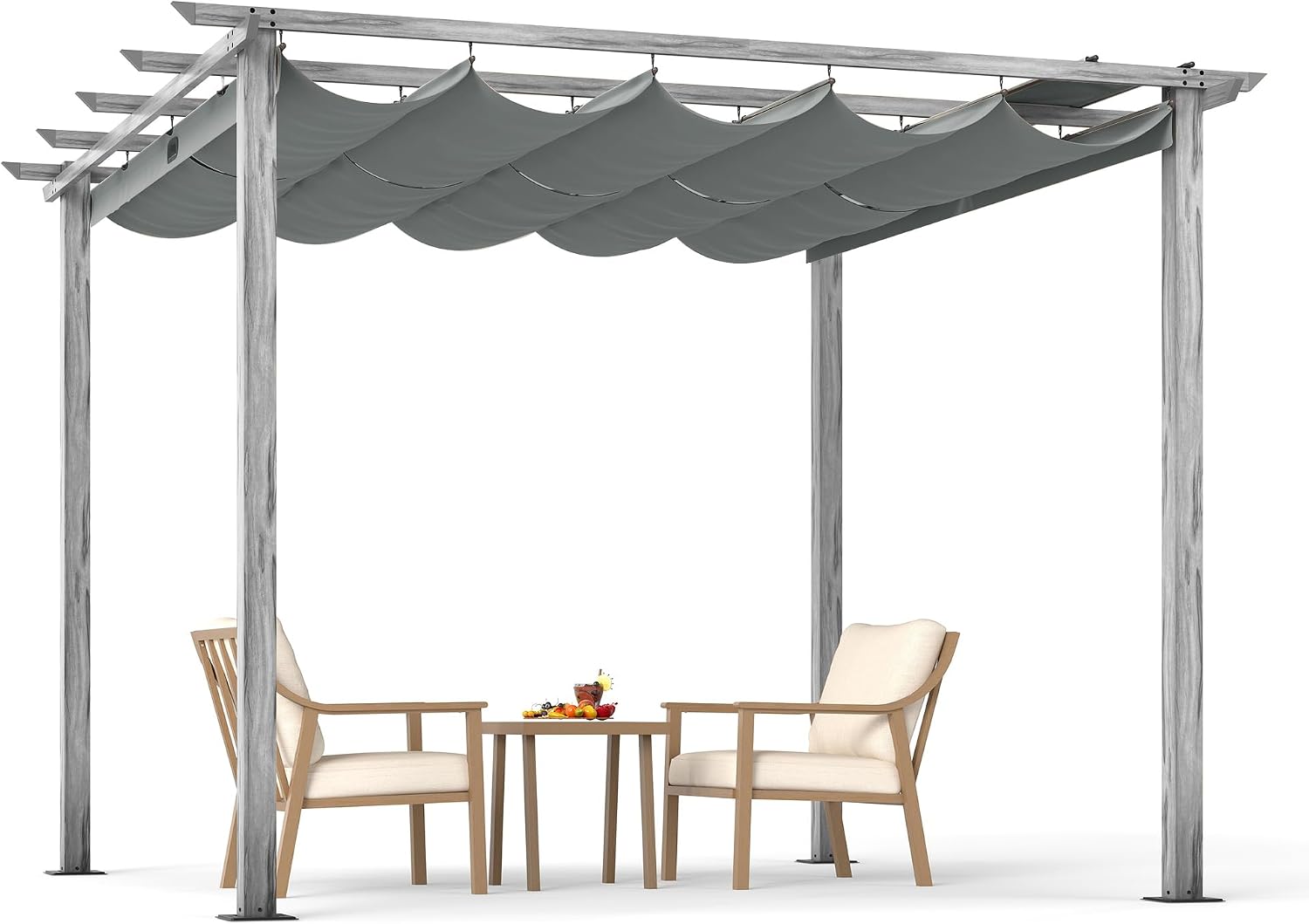 HAPPATIO 10' X 10' Wood-Grain Retractable Pergola with Sun Shade Canopy, Patio Aluminum Frame Shelter for Backyards, Gardens, Porch, Includes Ground Studs and Expansion Screws (Grey)