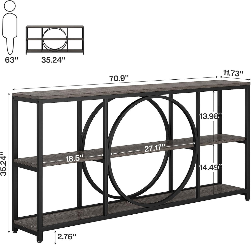 Tribesigns 70.9 inch Sofa Console Table, Extra Long Narrow Entryway Tables with 3 Tier Wood Storage Shelves Metal Frame for Foyer Hallway Living Room Behind Couch, Black Rustic Gray