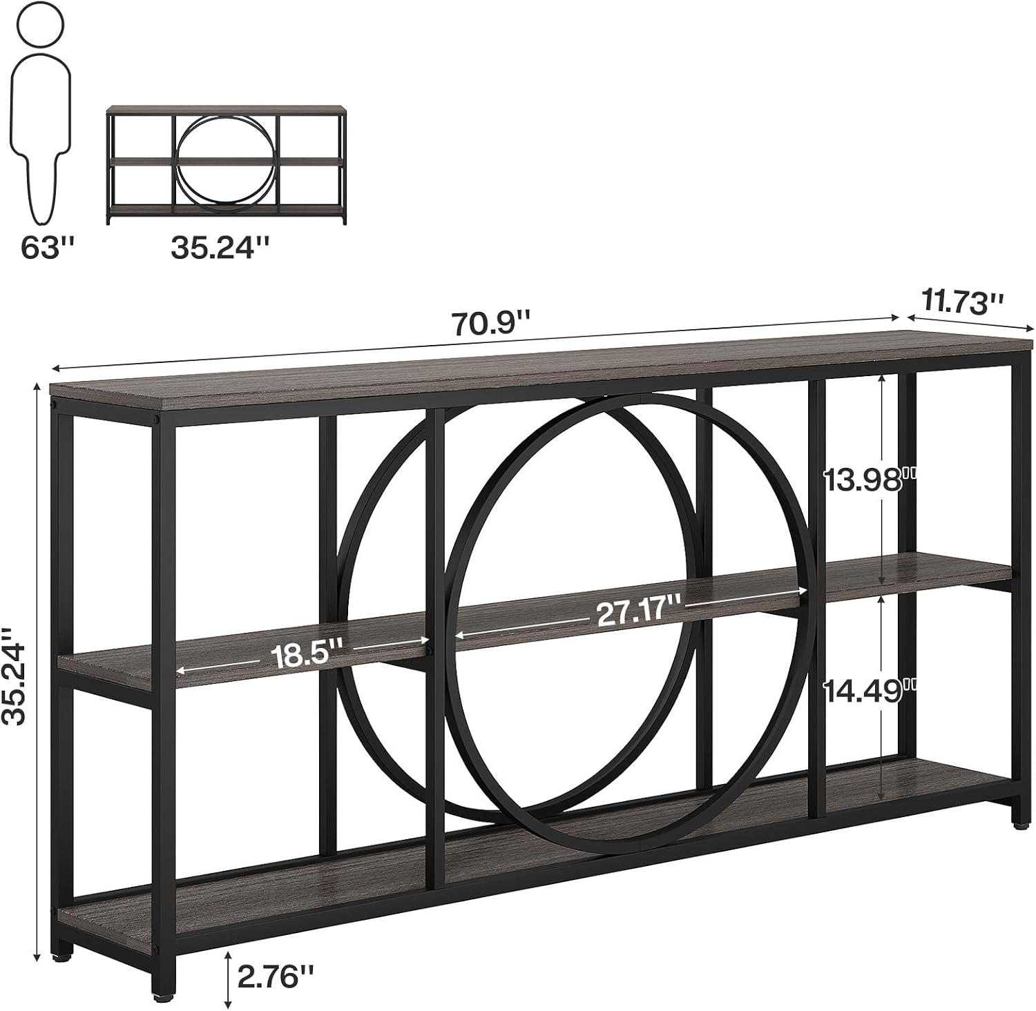 Tribesigns 70.9 inch Sofa Console Table, Extra Long Narrow Entryway Tables with 3 Tier Wood Storage Shelves Metal Frame for Foyer Hallway Living Room Behind Couch, Black Rustic Gray