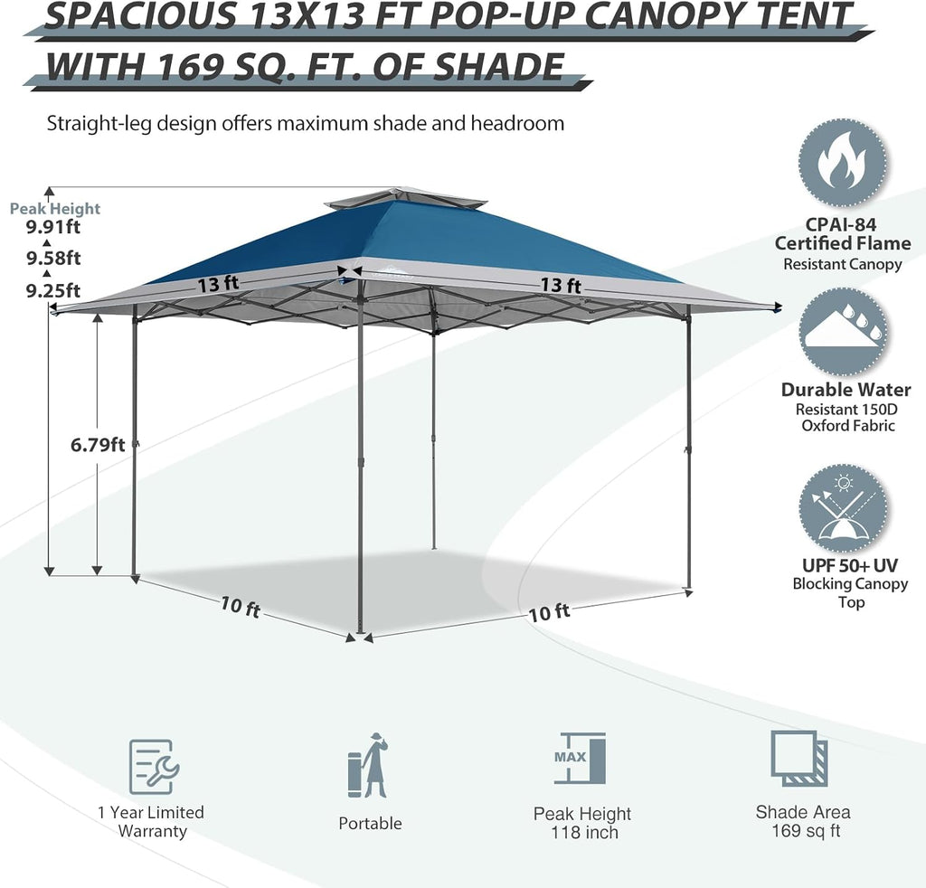 EAGLE PEAK 13x13 Straight Leg Pop Up Canopy Tent Instant Outdoor Canopy Easy Single Person Set up Folding Shelter w/Auto Extending Eaves 169 Square Feet of Shade (Blue/Gray)
