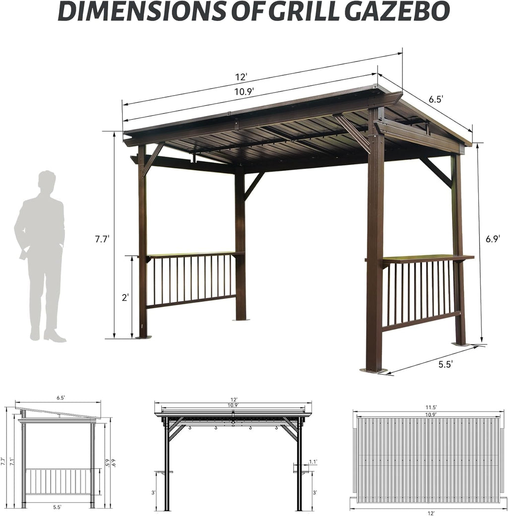 6.5x12FT Hardtop Grill Gazebo, Outdoor BBQ Gazebo with 2 Side Shelves and Sloping Galvanized Steel Roof, Metal Permanent Grill Canopy with Ceiling Hooks for Patio, Lawn, Backyard, Deck, Brown