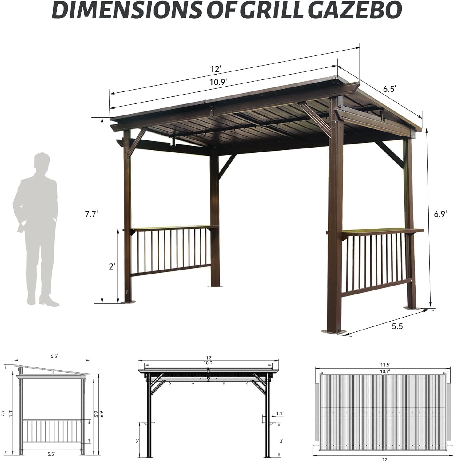 6.5x12FT Hardtop Grill Gazebo, Outdoor BBQ Gazebo with 2 Side Shelves and Sloping Galvanized Steel Roof, Metal Permanent Grill Canopy with Ceiling Hooks for Patio, Lawn, Backyard, Deck, Brown