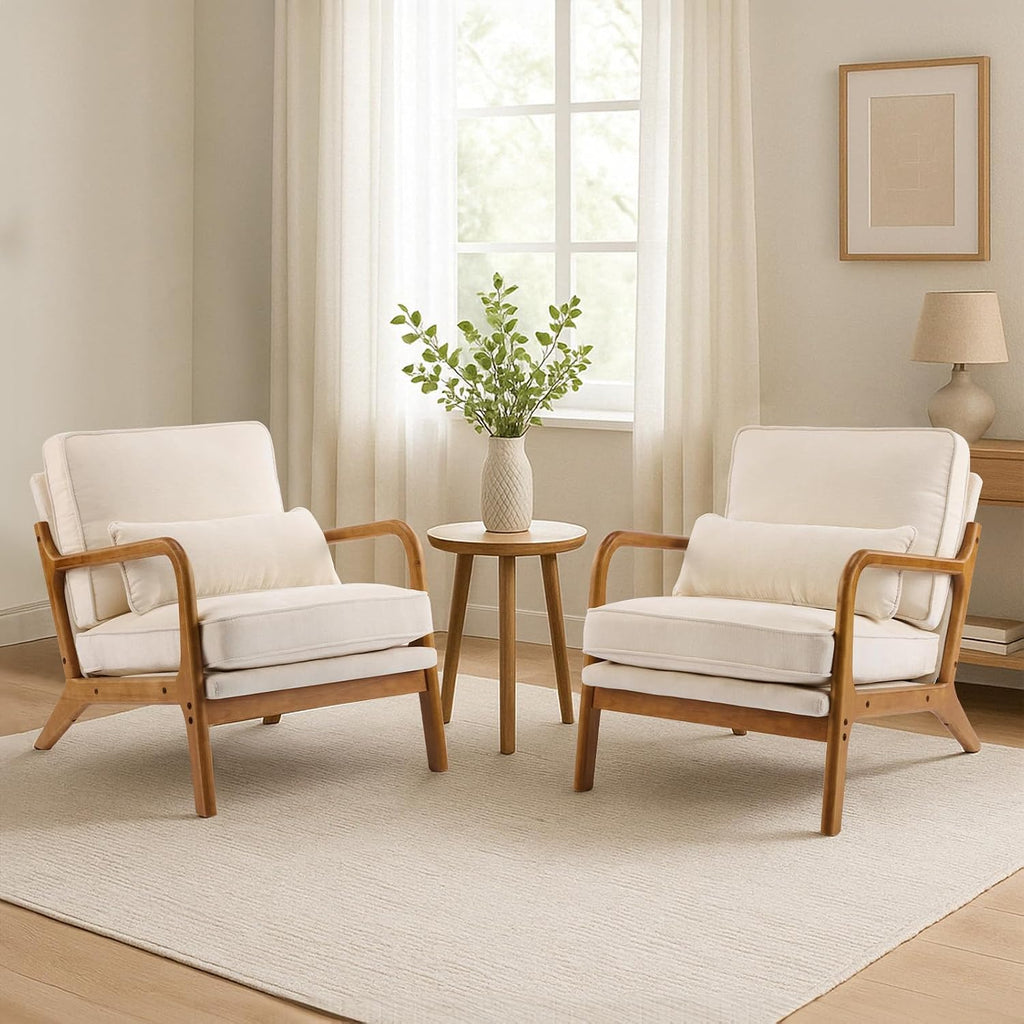 Karl home Mid Century Modern Accent Chair with Lumbar Pillow & Oak Arms – Plush Chenille Living Room Chair for Bedroom, Lounge (Creamy)