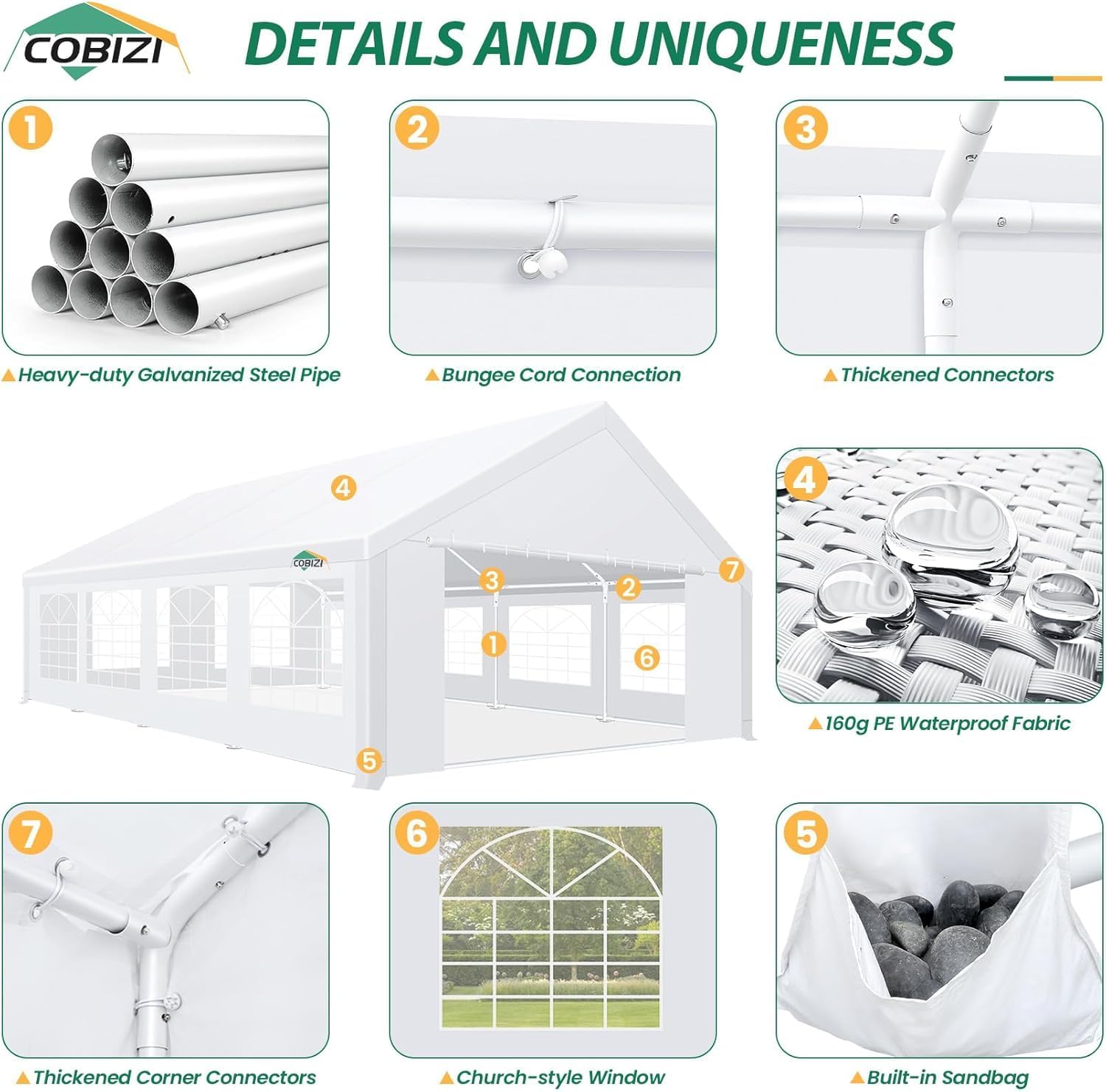 COBIZI 20x30 Party Tent Heavy Duty, Galvanized Wedding Tent, Event Shelter for Parties, Large Outdoor Gazebo with Removable Sidewall & Built-in Sandbag, Carpas para Fiestas, Waterproof, White