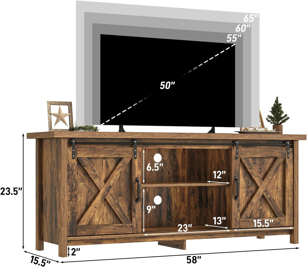 Farmhouse TV Stand for 65 Inch TV with Sliding Barn Door, Rustic Wood Entertainment Center Large Media Console Cabinet Long Television Stands,Console Table and Media Furniture for Living Room(Brown)