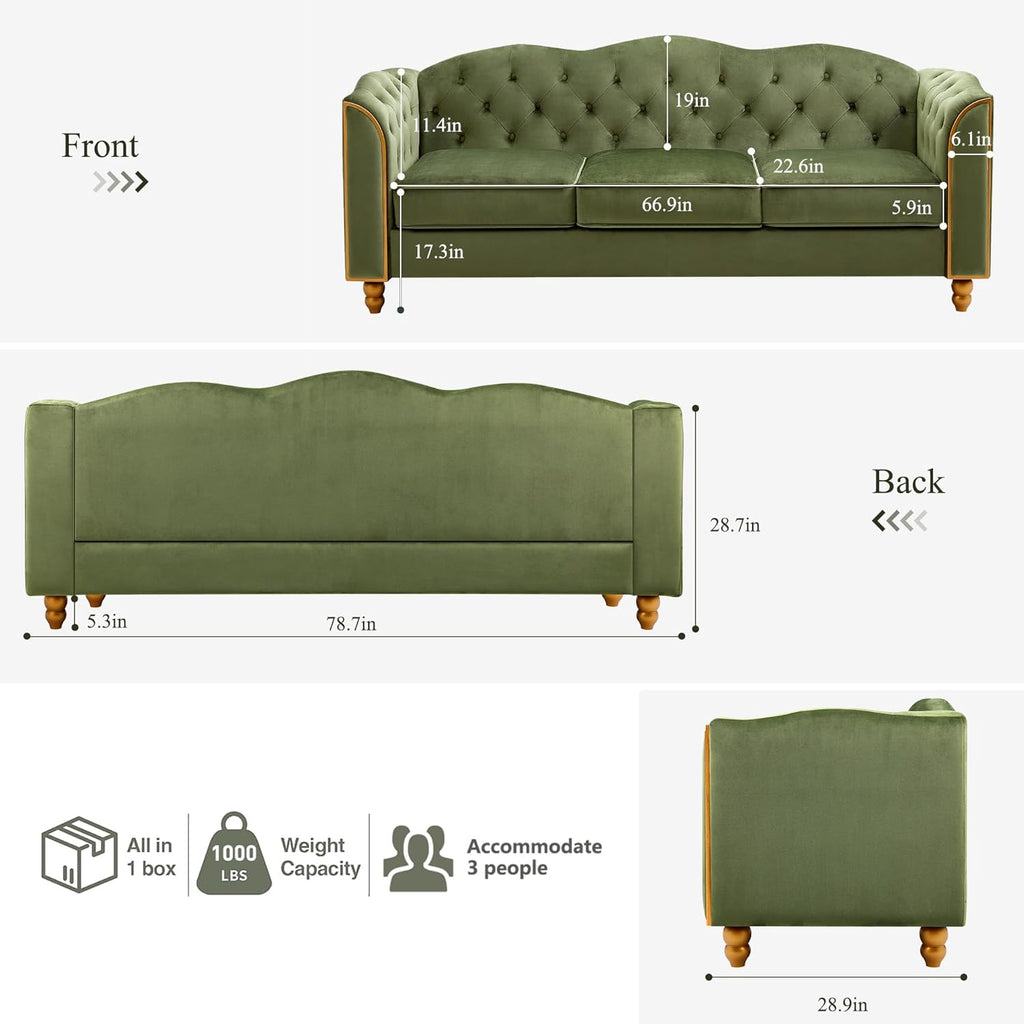 HITHOS 78' Velvet Sofa Couch, Soft 3 Seater Sofa Couche for Living Room, Button Tufted Comfy Couch Modern Sofa with Upholstered Cushion, Gold Trim, Solid Wood Legs for Dorm Bedroom Apartment, Green