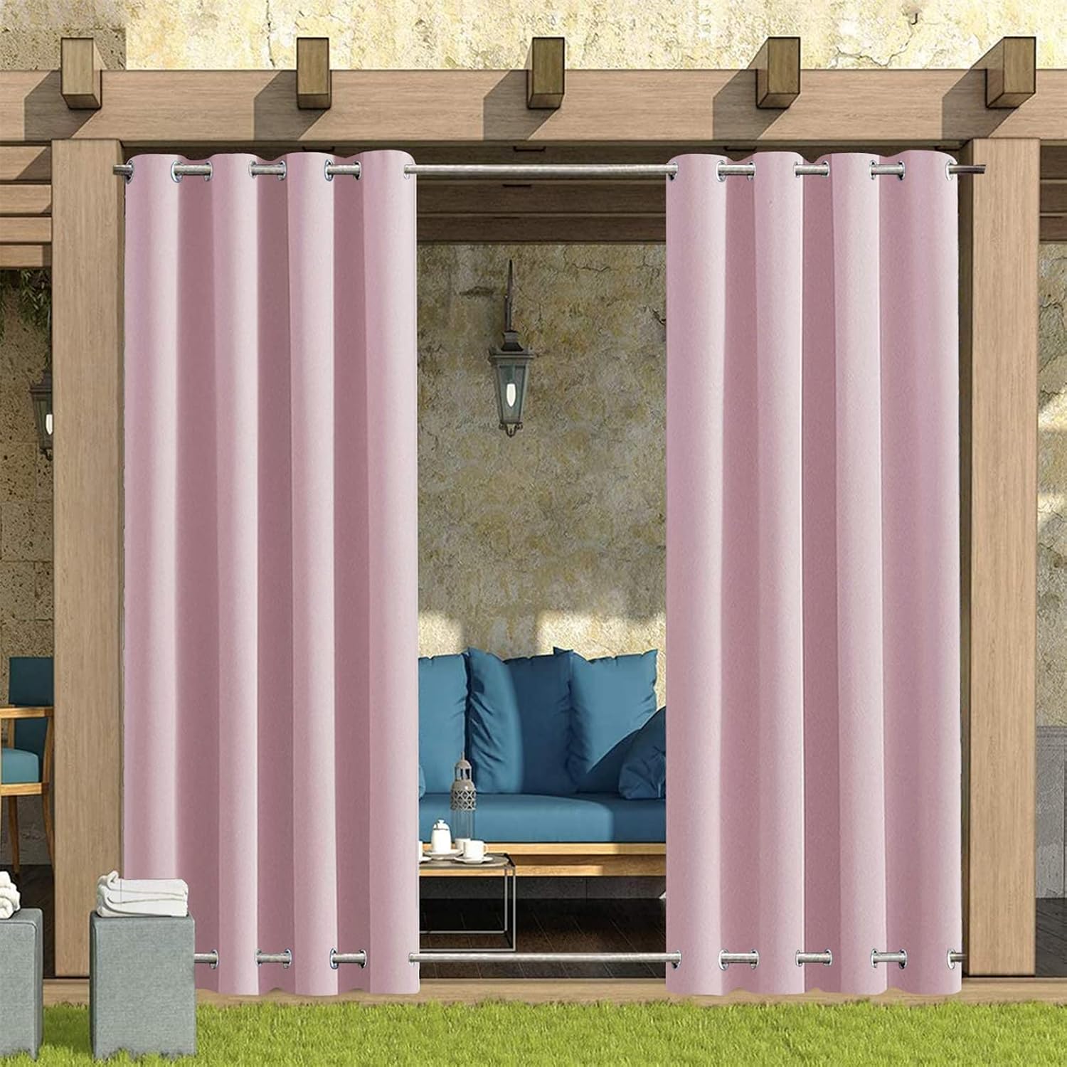 SK Studio Outdoor Curtains for Patio Waterproof Sunlight Block Rustproof Grommet Top and Bottom Windbreak Privacy Curtain for Gazebo, Front Porch, Pergola, 2 Panels, Light Pink, 100' W x 96' L