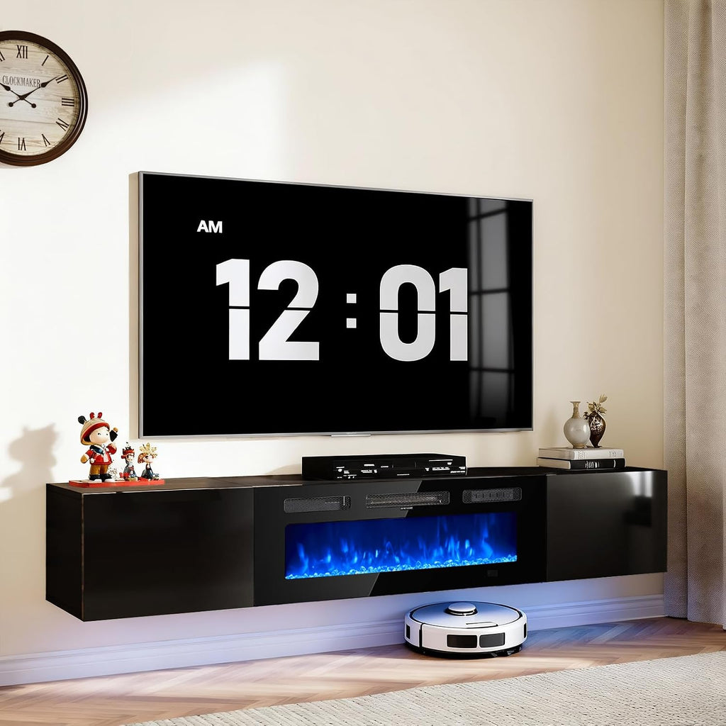 70'' Floating TV Stand with 36' Electric Fireplace, Wall Mounted Entertainment Center with Storage for TVs up to 80', Adjustable 12-Color LED Media TV Console for Living Room,All Black