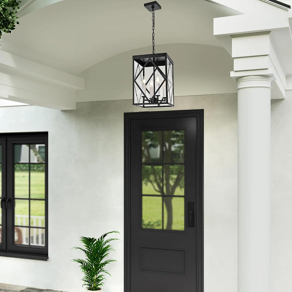 Black Exterior Pendant Lights for Porch with Clear Glass 4 Light Adjustable Hanging Lamp Farmhouse Lantern Porch Light Exterior Chandelier Ceiling Mount for Entrance Patio, White Candle Socket