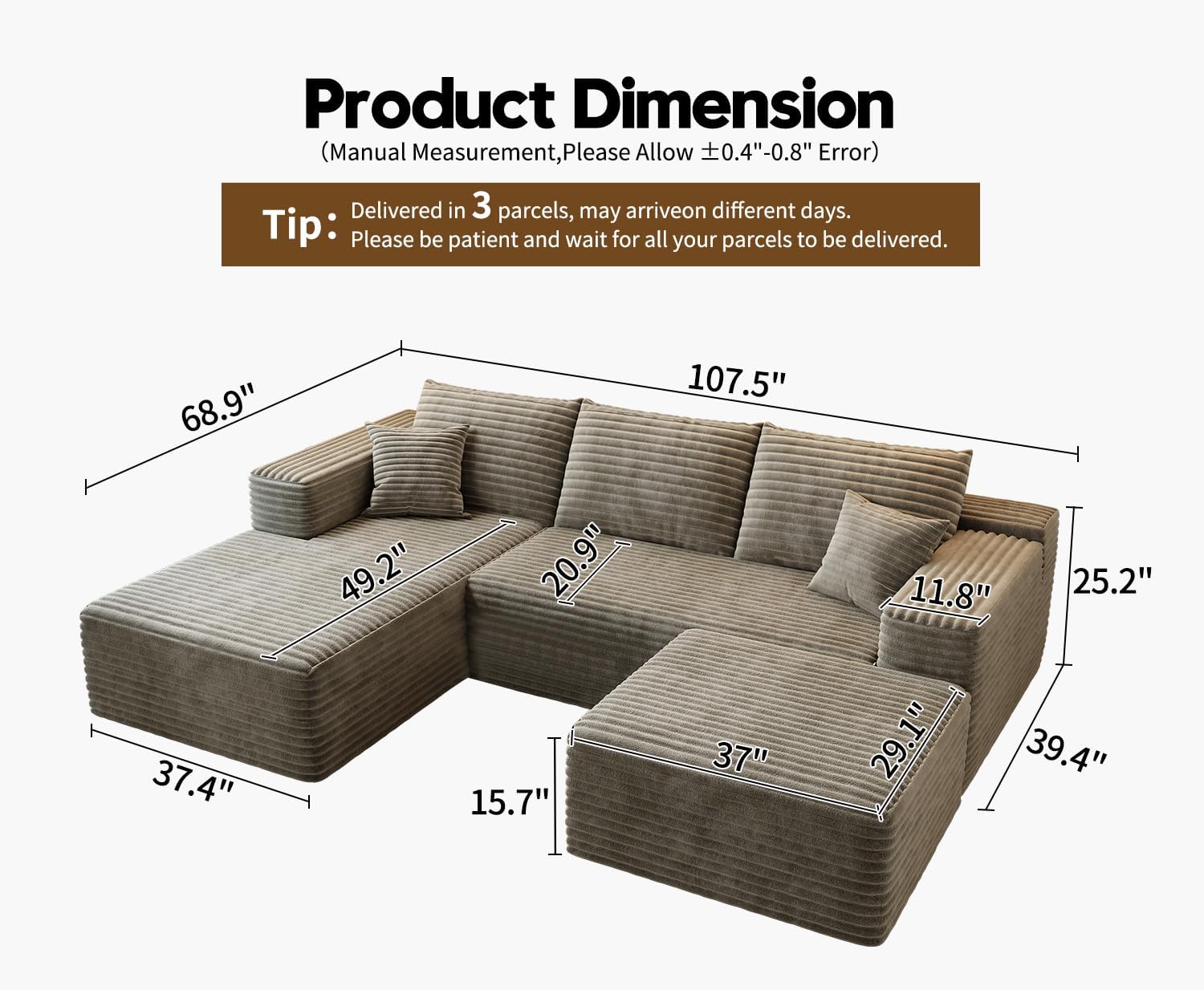 107.5' Cloud Modular Sectional Couch with 1 Ottoman,Modern Minimalist Upholstered Couches, Comfort U Shaped Sofa for Living Room,Deep Seat Corner Couch，No Assembly Required (Camel,Left Facing Chaise)