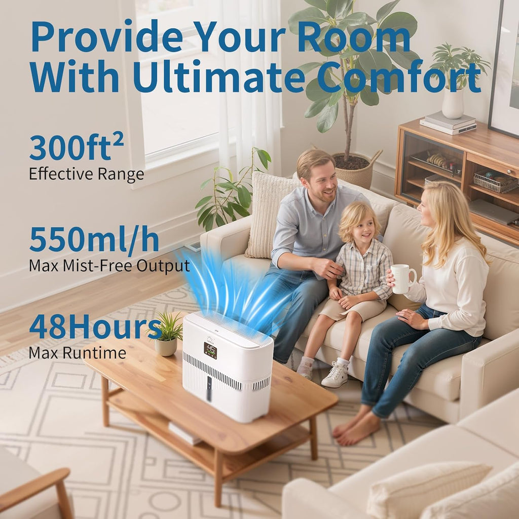 LAVIEAIR Evaporative Humidifiers for Bedroom, Living Room, Nursery, Large Room up to 300 ft², Mist-free No White Dust Top Fill Humidifier for Baby, Plants, 5L Tank, Max 48H Runtime, Easy to Clean