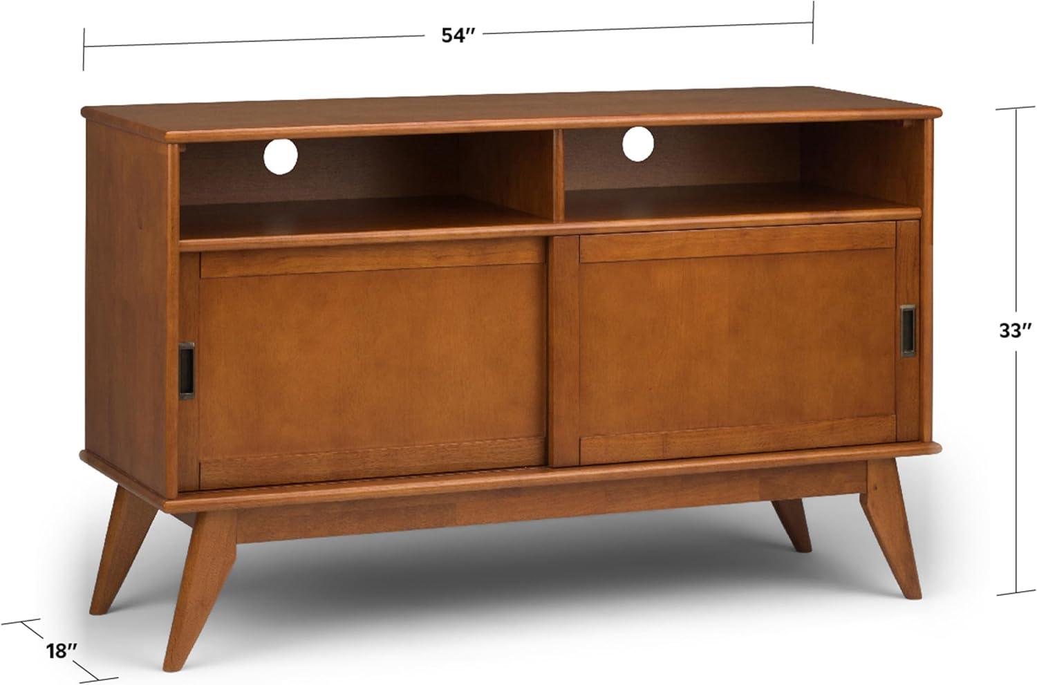 SIMPLIHOME Draper TV Stand - 54 inch Wide Solid Wood Tall Media Console in Teak Brown, Mid Century Modern Entertainment Center for Living Room for TVs up to 60 Inches with Shelves and Cable Management