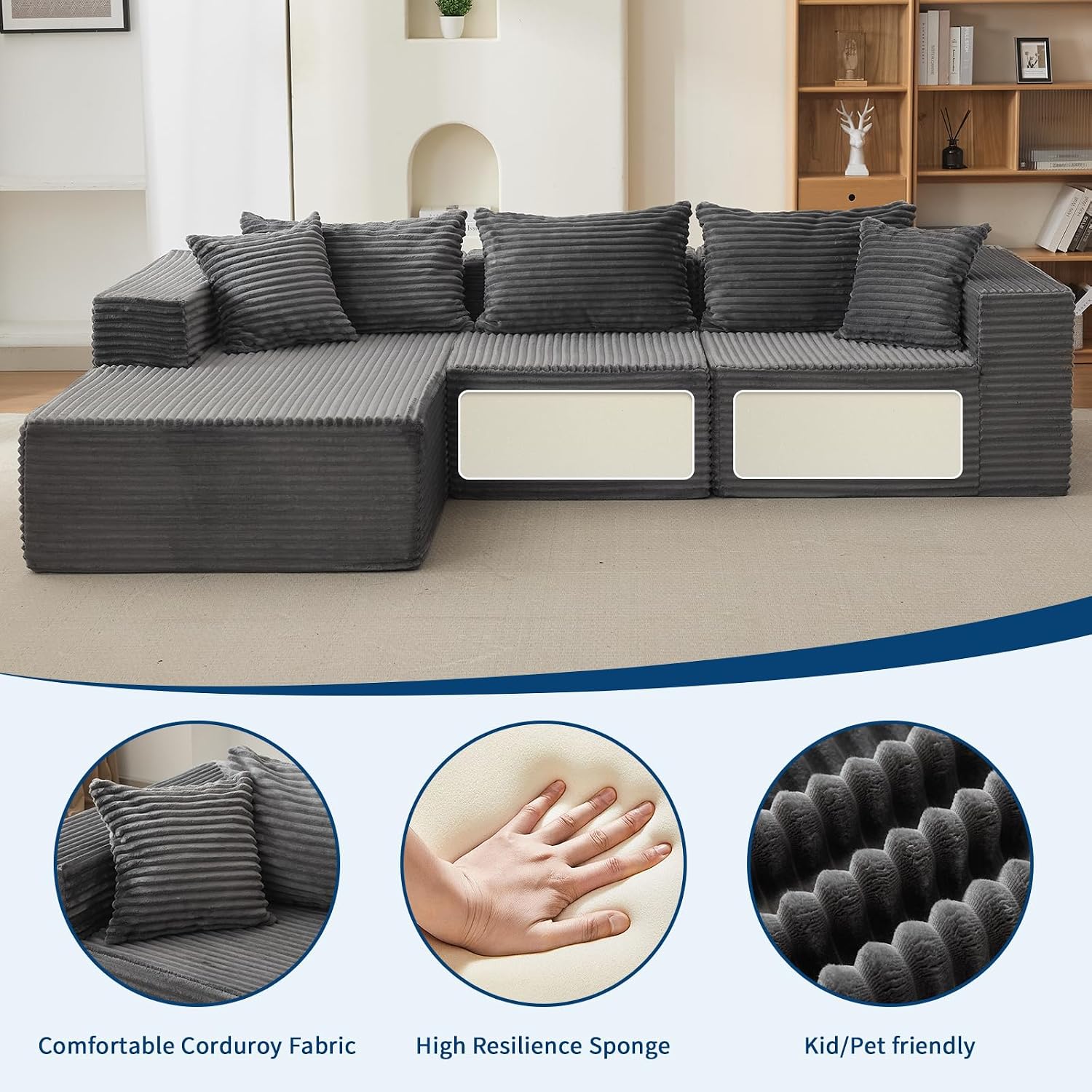 Garvee 108' Comfy Cloud Sectional Couch with Chaise, L Shaped Boneless Sofa | Gray Couches for Living Room, Modular Sofa Couch & Bed, No Assembly Required, (Gray, Left Facing Chaise)