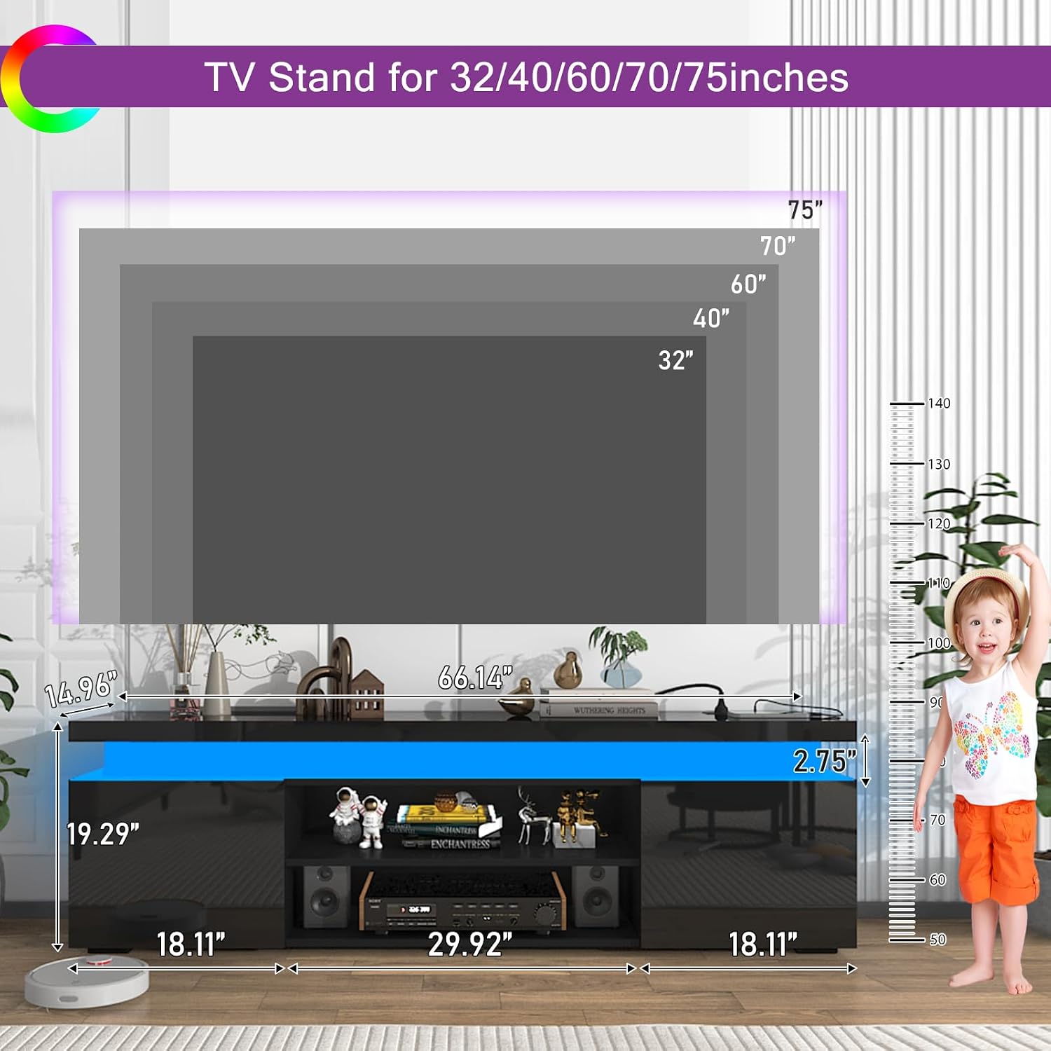 Hlivelood LED TV Stand for 75 Inch TV, Modern TV Stand with Power Outlet, High Gloss TV Console Entertainment Center with Storage and LED Lights for Living Room, Bedroom (66 Inch, Black)
