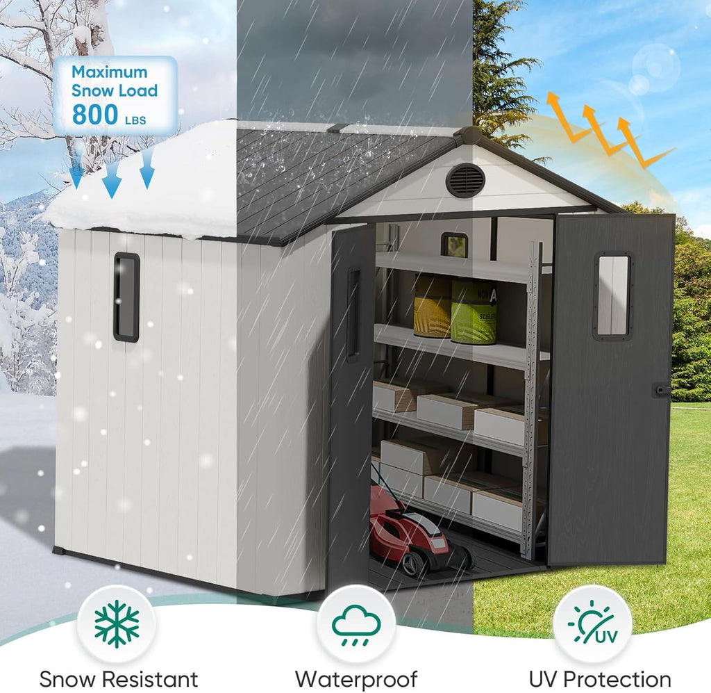 8x8 Outdoor Storage Shed with Floor, Heavy Duty Resin Tool Shed, Weather Resistant Garden Storage Building with Windows & Ventilation, White/Gray