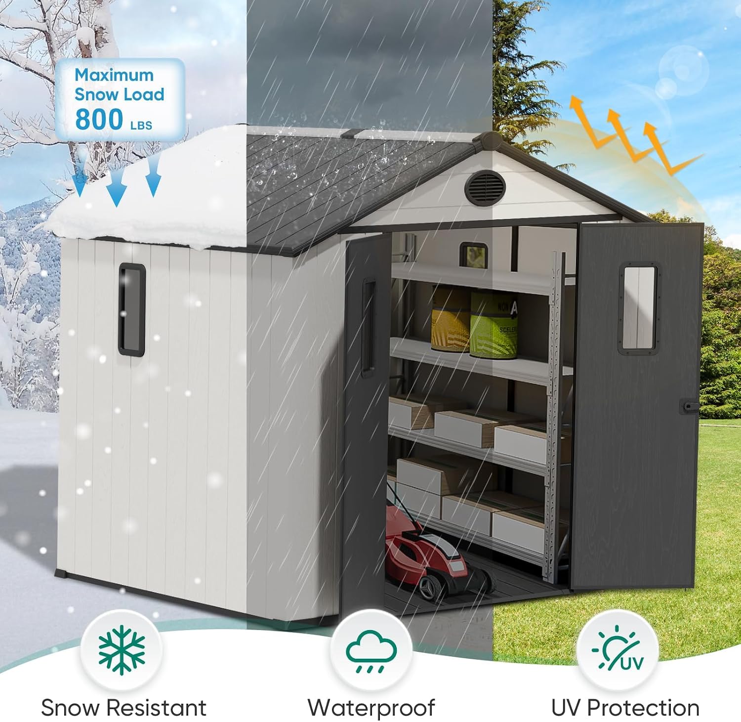 8x8 Outdoor Storage Shed with Floor, Heavy Duty Resin Tool Shed, Weather Resistant Garden Storage Building with Windows & Ventilation, White/Gray