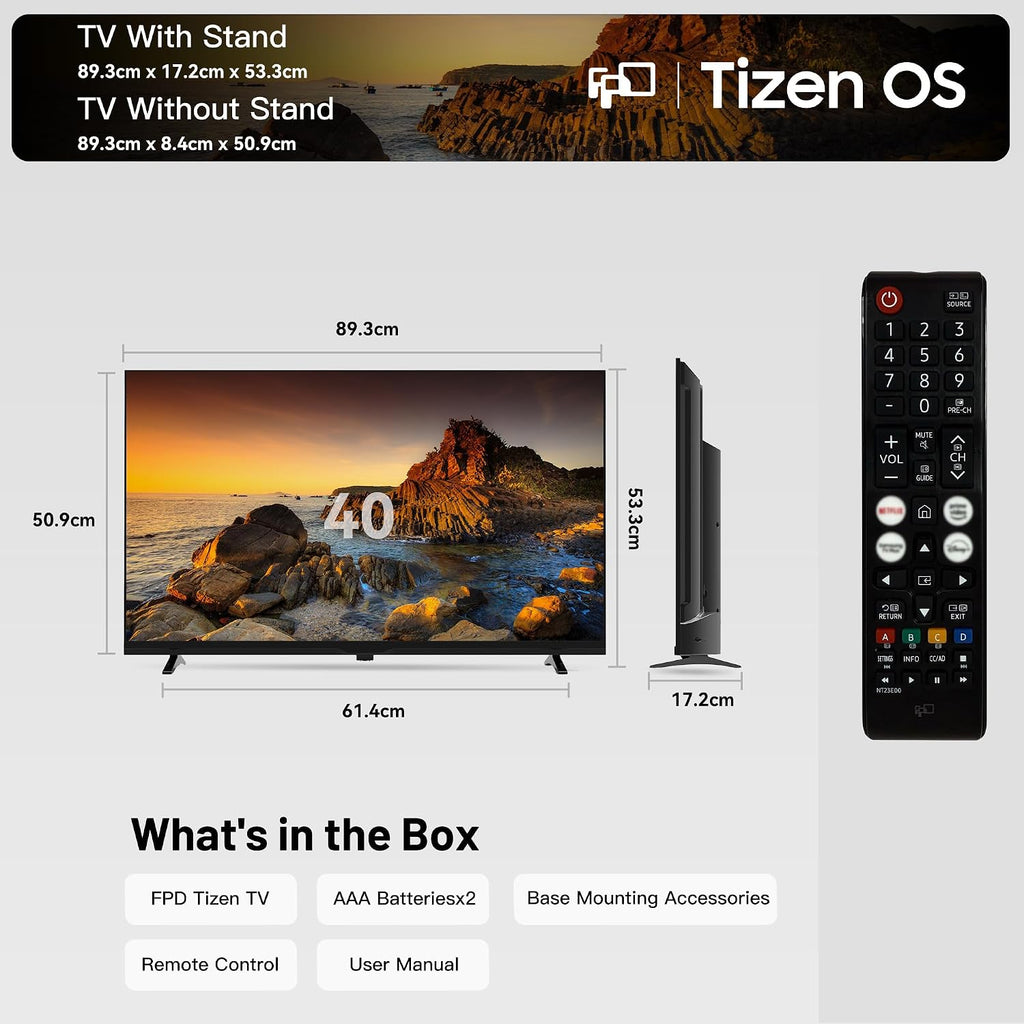FPD 40 Inch Smart TV Tizen OS, 1080p Full HD Compatible with Samsung TV Plus, Dolby Audio, HDR 10, Gaming Hub, SmartThings, Built-in Miracast, Voice Control Flat Screen Television (AT40-P1)
