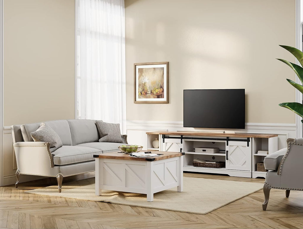 WAMPAT 3-in-1 Modern FarmhouseTV Stand for up to 85' TV, 23.6' H Wood Entertainment Center with Sliding Barn Door and Adjustable Media Storage Shelf for Living Room, Antique White