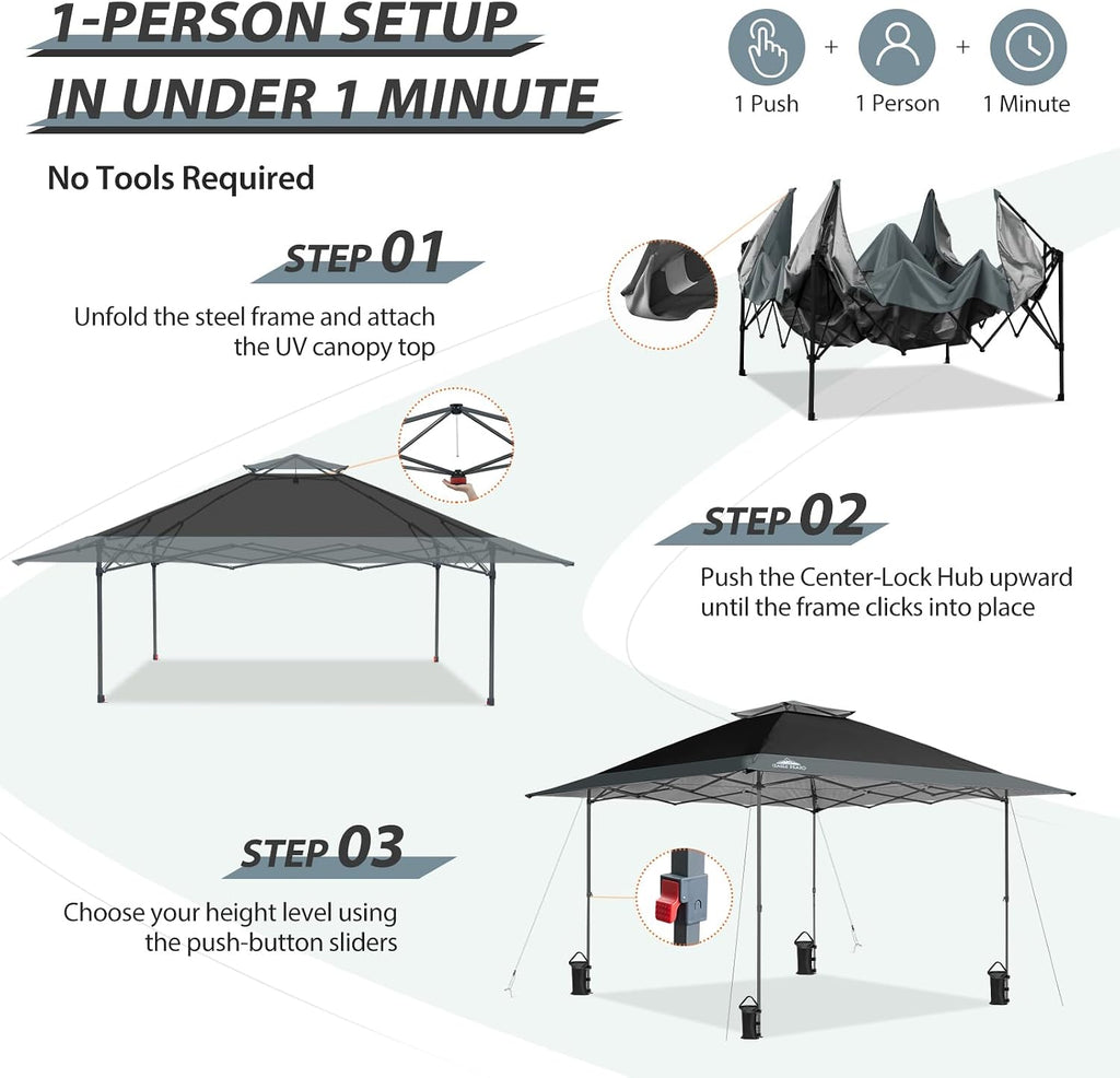EAGLE PEAK 13x13 Straight Leg Pop Up Canopy Tent Instant Outdoor Canopy Easy Single Person Set up Folding Shelter w/Auto Extending Eaves 169 Square Feet of Shade (Black/Gray)