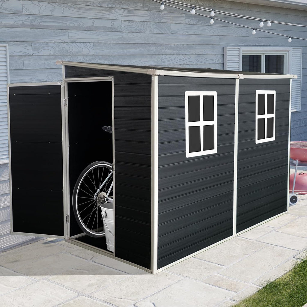 Resin Outdoor Storage Shed with Floor (8 x 4 Ft),All Weather Outdoor Tool House,Windows,Lockable Doors,Organization for Home/Backyard/Garden Tools/Lawn Mower/Bike Storage/Pool Supplies