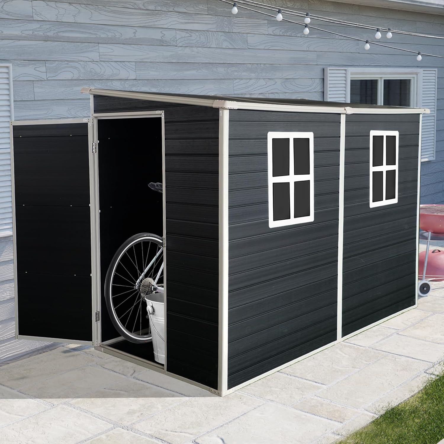 Resin Outdoor Storage Shed with Floor (8 x 4 Ft),All Weather Outdoor Tool House,Windows,Lockable Doors,Organization for Home/Backyard/Garden Tools/Lawn Mower/Bike Storage/Pool Supplies