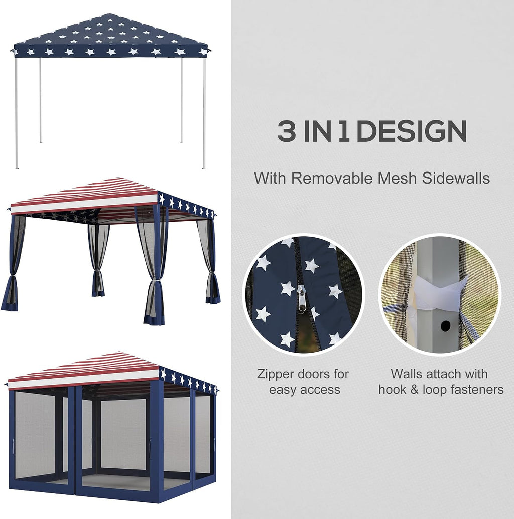 Outsunny 10' x 10' Pop Up Canopy Tent with Netting, Instant Gazebo, Screen House Room with Carry Bag, Height Adjustable, for Outdoor, Garden, Patio, Camping, Blue and Red