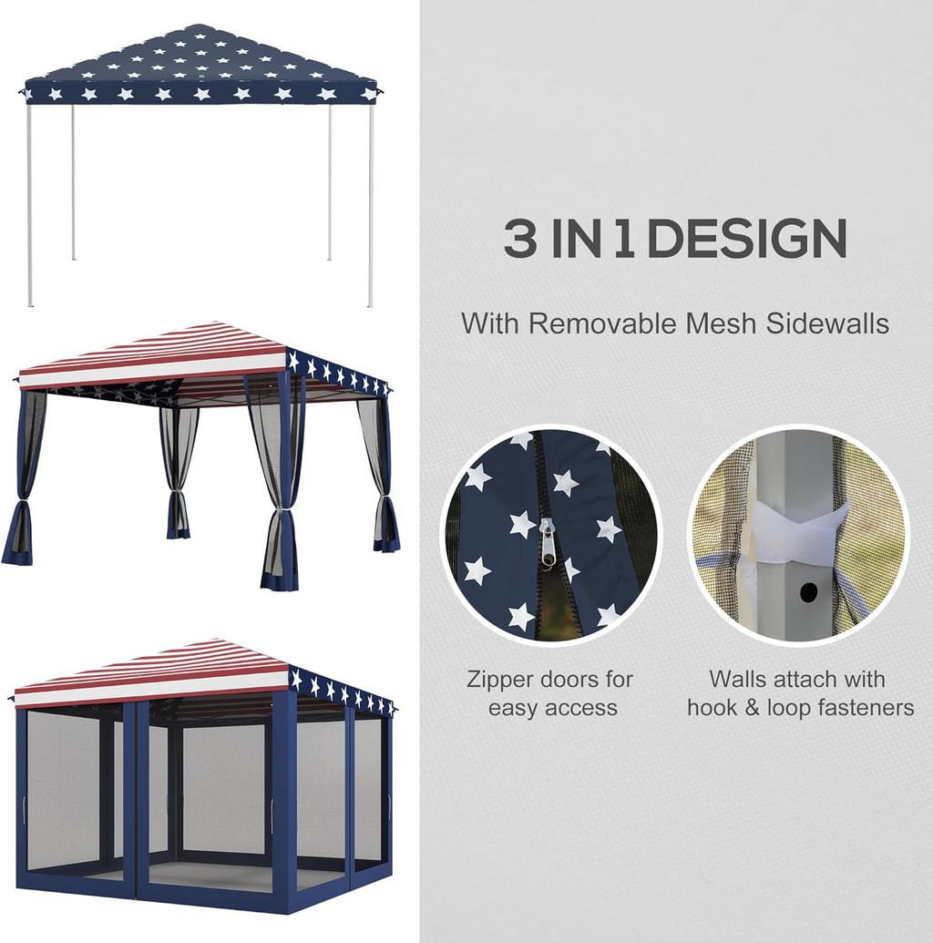 Outsunny 10' x 10' Pop Up Canopy Tent with Netting, Instant Gazebo, Screen House Room with Carry Bag, Height Adjustable, for Outdoor, Garden, Patio, Camping, Blue and Red