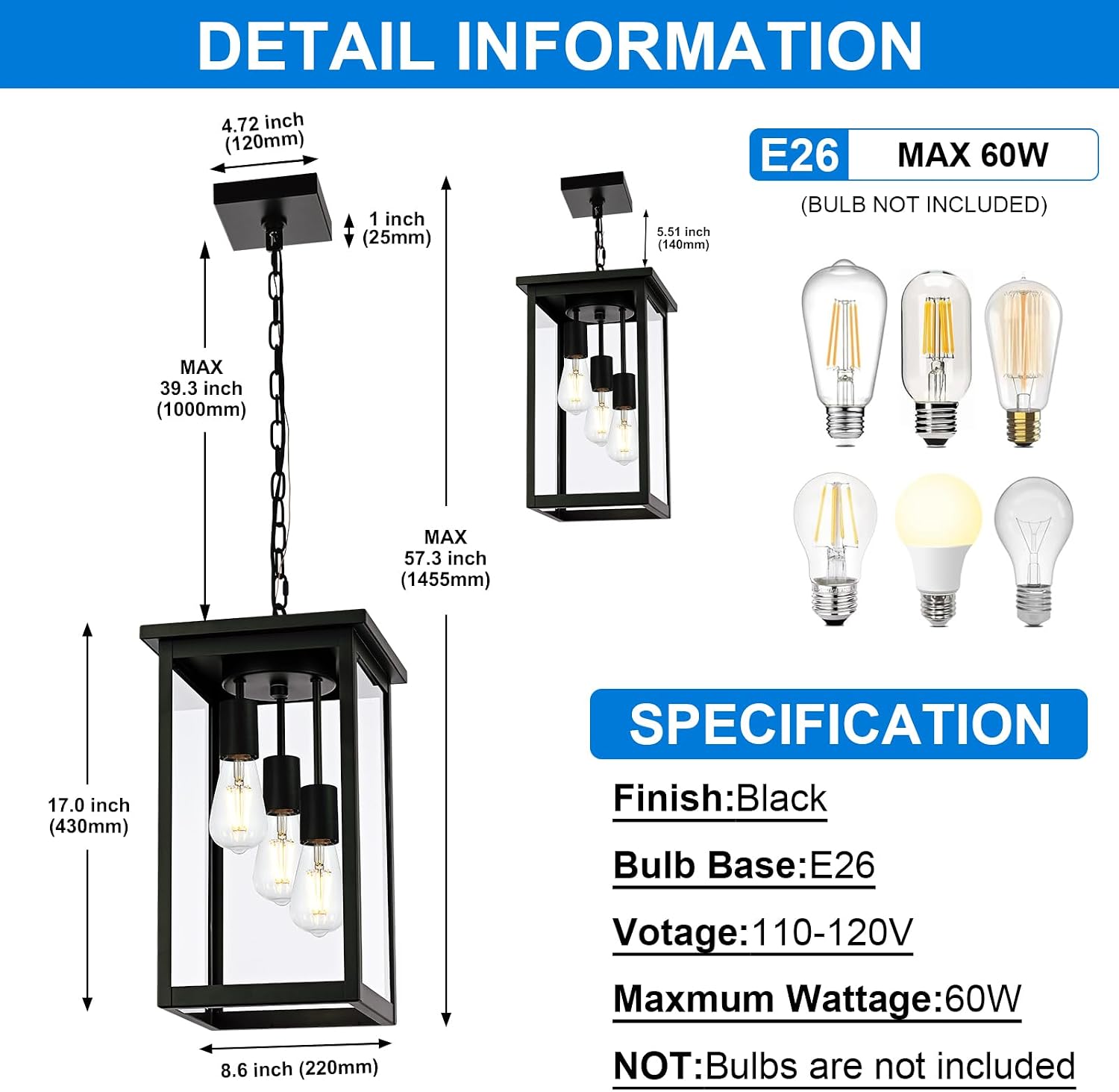 17'' Large Outdoor Pendant Light, 3-Lights Matte Black Exterior Hanging Lantern with Clear Glass, Outdoor Chandelier Ceiling Light Fixture for Porch, Patio, Gazebo, Entryway