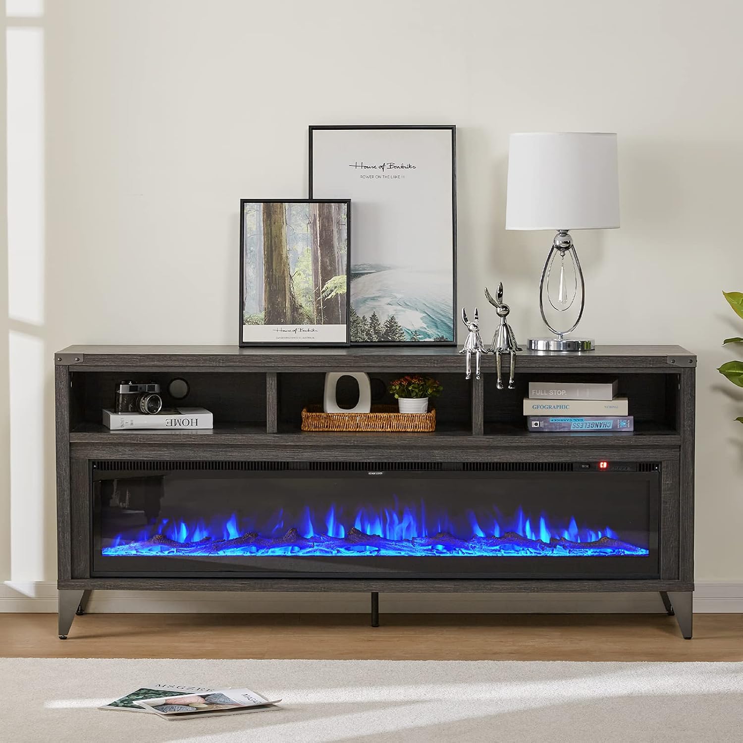 AMERLIFE 65' Fireplace TV Stand with 60' Glass Electric Fireplace, Industrial & Farmhouse Media Entertainment Center with Open Shelve Storage for TVs Up to 75', TV Console for Living Room, Black