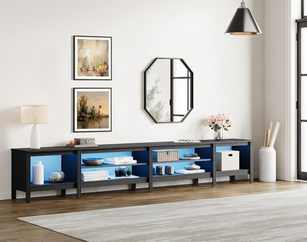 WAMPAT LED TV Stand for TVs up to 85 Inch, Black Entertainment Center for 85 90 100inch TV Console Table with 6 Cubby Storage for Living Room Bedroom