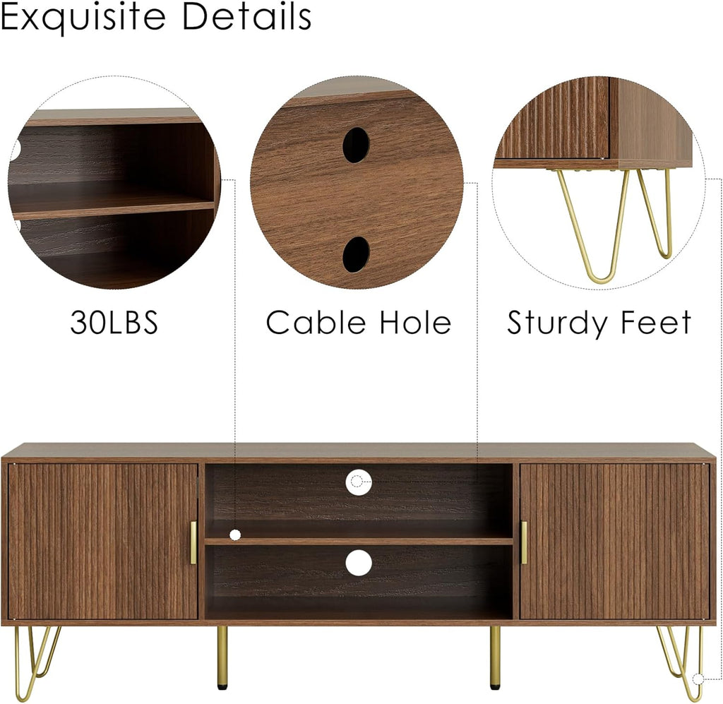 TV Stand for 55-65 Inch TV, Entertainment Center with Soft Hinge Door,TV Console Table with 2 Cabinets with Gold Handle and Feet,for Living Room, Bedroom, Walnut