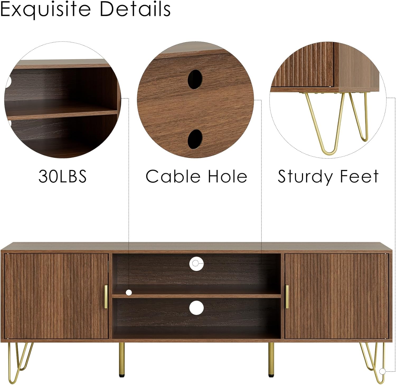 TV Stand for 55-65 Inch TV, Entertainment Center with Soft Hinge Door,TV Console Table with 2 Cabinets with Gold Handle and Feet,for Living Room, Bedroom, Walnut
