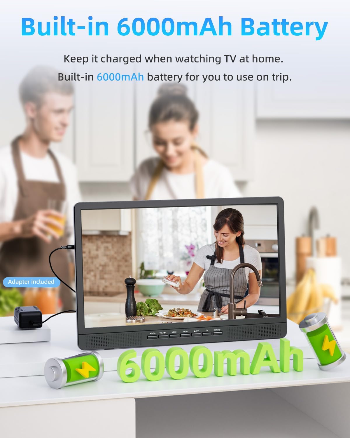 NORTHING 18.5' Portable TV for Outdoor Indoor, Full HD Portable TV for Camping, 6500mAH Built-in Power Operated TV, 12V TV with Antenna/HDMI/USB/AV Input, Small T V for RV Kitchen Patio Boat Car