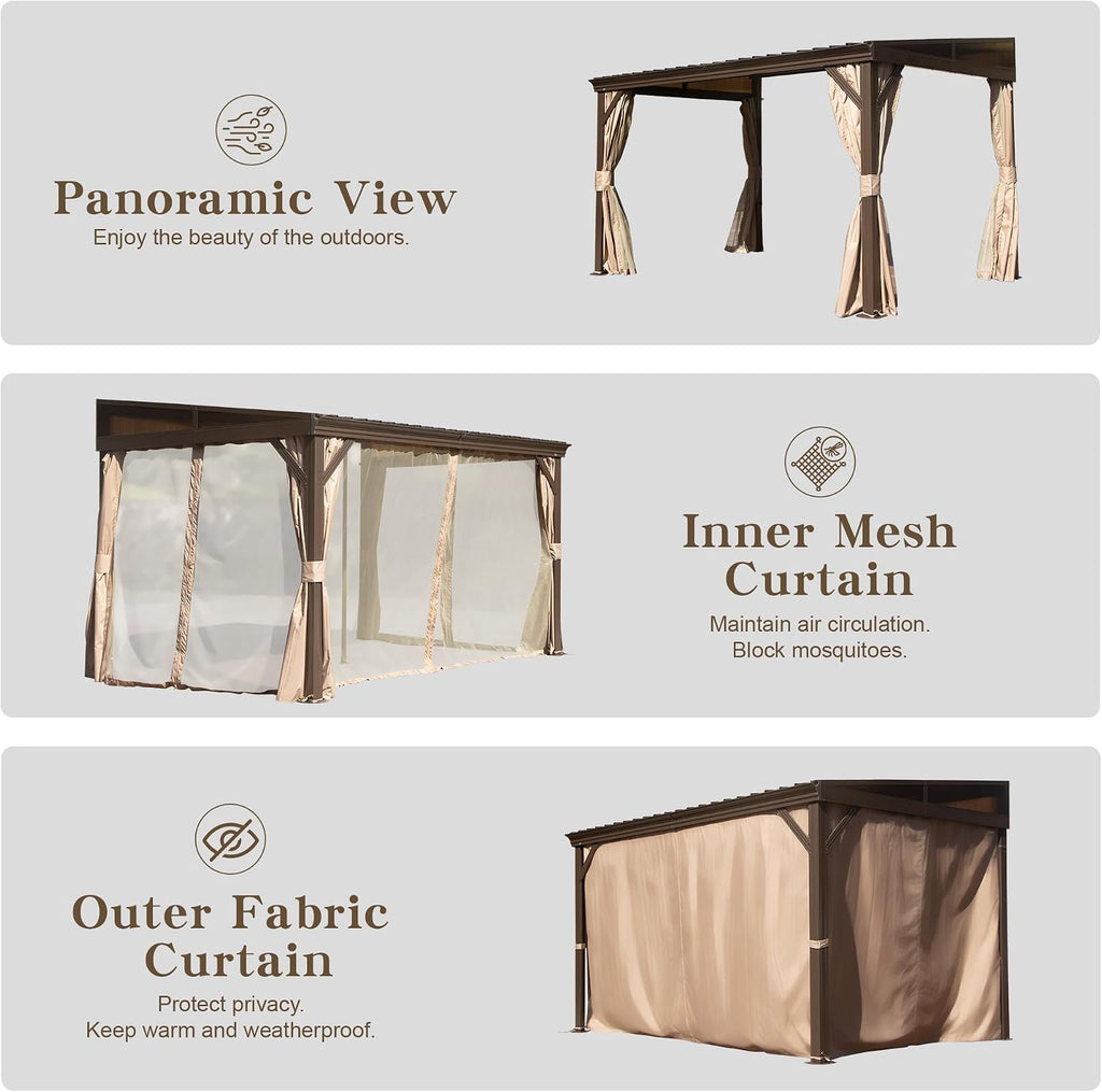 Domi 8x12FT Lean to Gazebo, Aluminum Wall Mounted Gazebo with Sloping Galvanized Steel Roof, Curtains and Netting, Outdoor Hardtop Shelter for Patio, Deck, Garden, Backyard