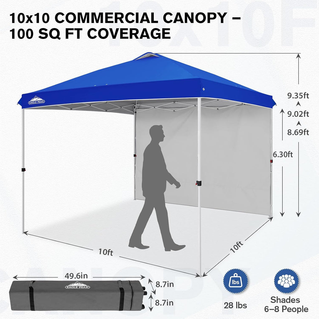 EAGLE PEAK Commercial Canopy 10x10 Pop Up Canopy Tent with 1 Sidewall, Easy Setup Heavy Duty Instant Event Shelter for Vendors & Markets, Outdoor Sun Shade, Blue