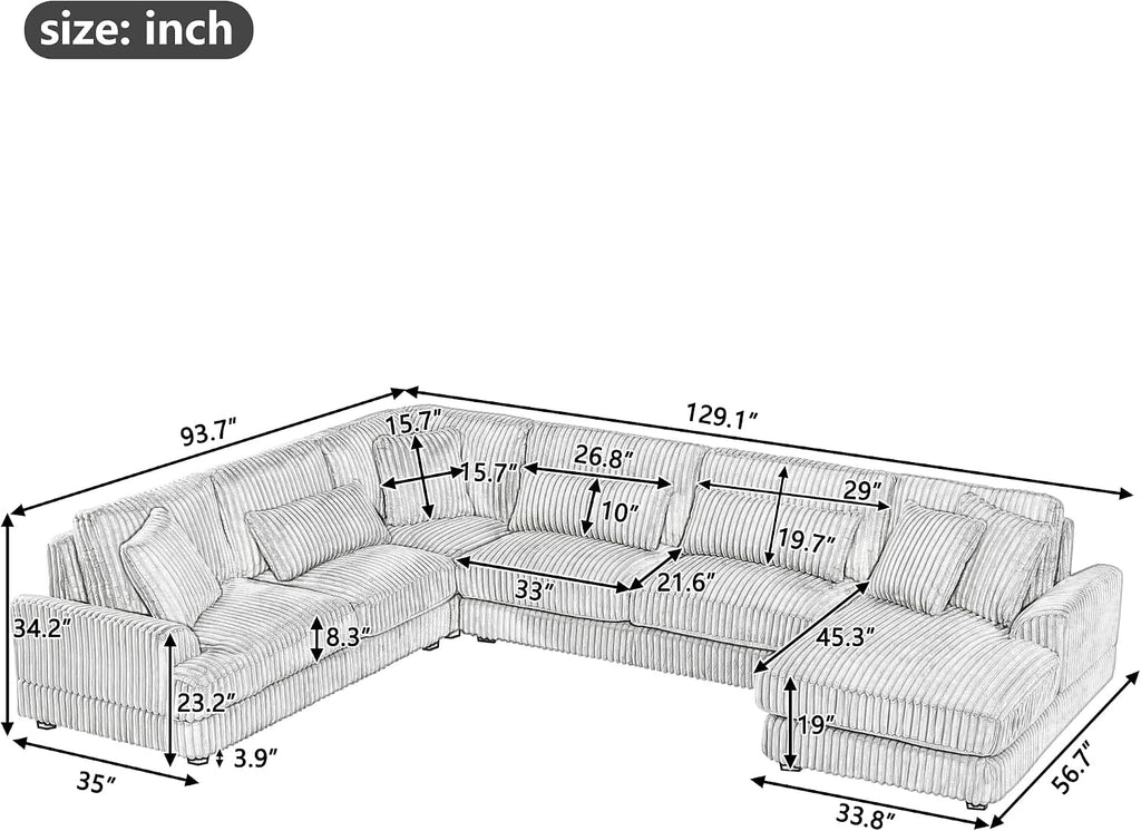 Oversized U-Shaped Sectional Sofa Modern Living Room Couch Upholstered in Soft Corduroy with a Chaise Lounge