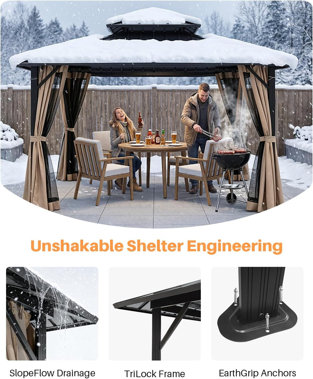 10' x 10' Hardtop Gazebo, Aluminum Frame Outdoor Patio Gazebos with Netting and Curtains, Outdoor Gazebo Canopy, Patio Pergola with Double Steel Roofs for Backyard, Patio, Deck, Sandstone