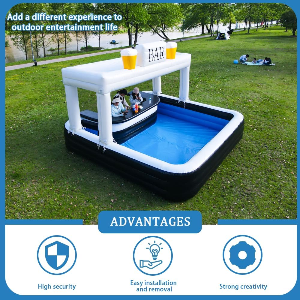 US Stock Party Ready Inflatable Pool Bar for Adults 13 ft Heavy-Duty PVC Backyard Pub with BAR Sign, Poolside Blow Up Bar for Outdoor Parties & Events