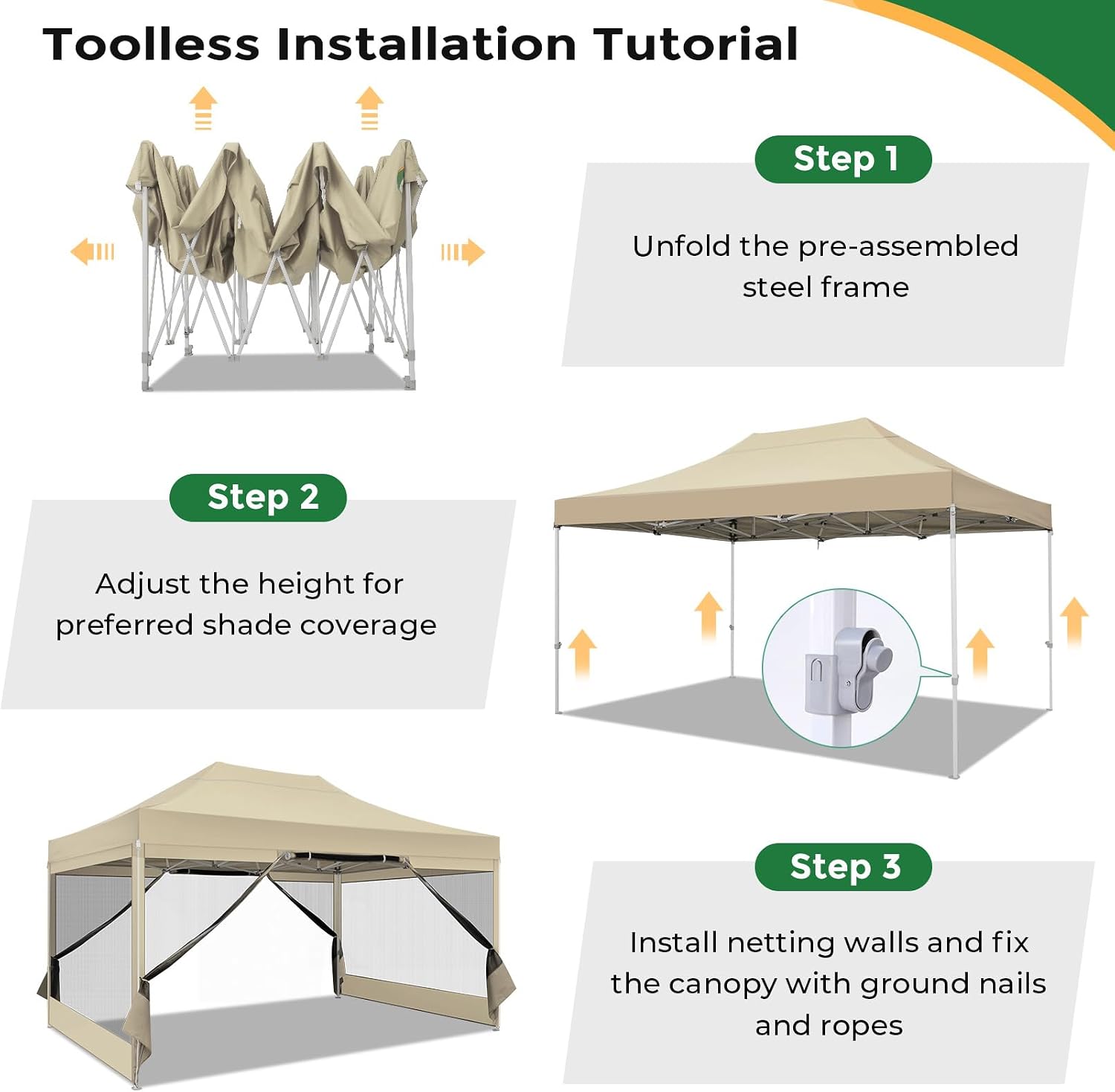 COBIZI 10x15 Heavy Duty Pop Up Canopy Tent with 4 Sidewalls, Commercial Gazebo Party Tent with Mosquito Netting Wall Easy Set Up Outdoor Instant Screen Gazebo for Backyard, Patio, Garden, Khaki