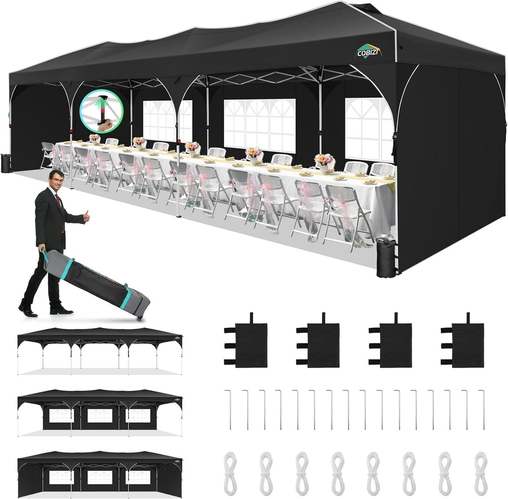 COBIZI 10x30 Pop Up Canopy Tent, Outdoor Party Tent with 5 Sidewalls, 1 Person Easy Set up, Tents for Parties with Fluorescent Strip & 4 Sandbags, Waterproof UPF50+, 3 Adjustable Height, Black