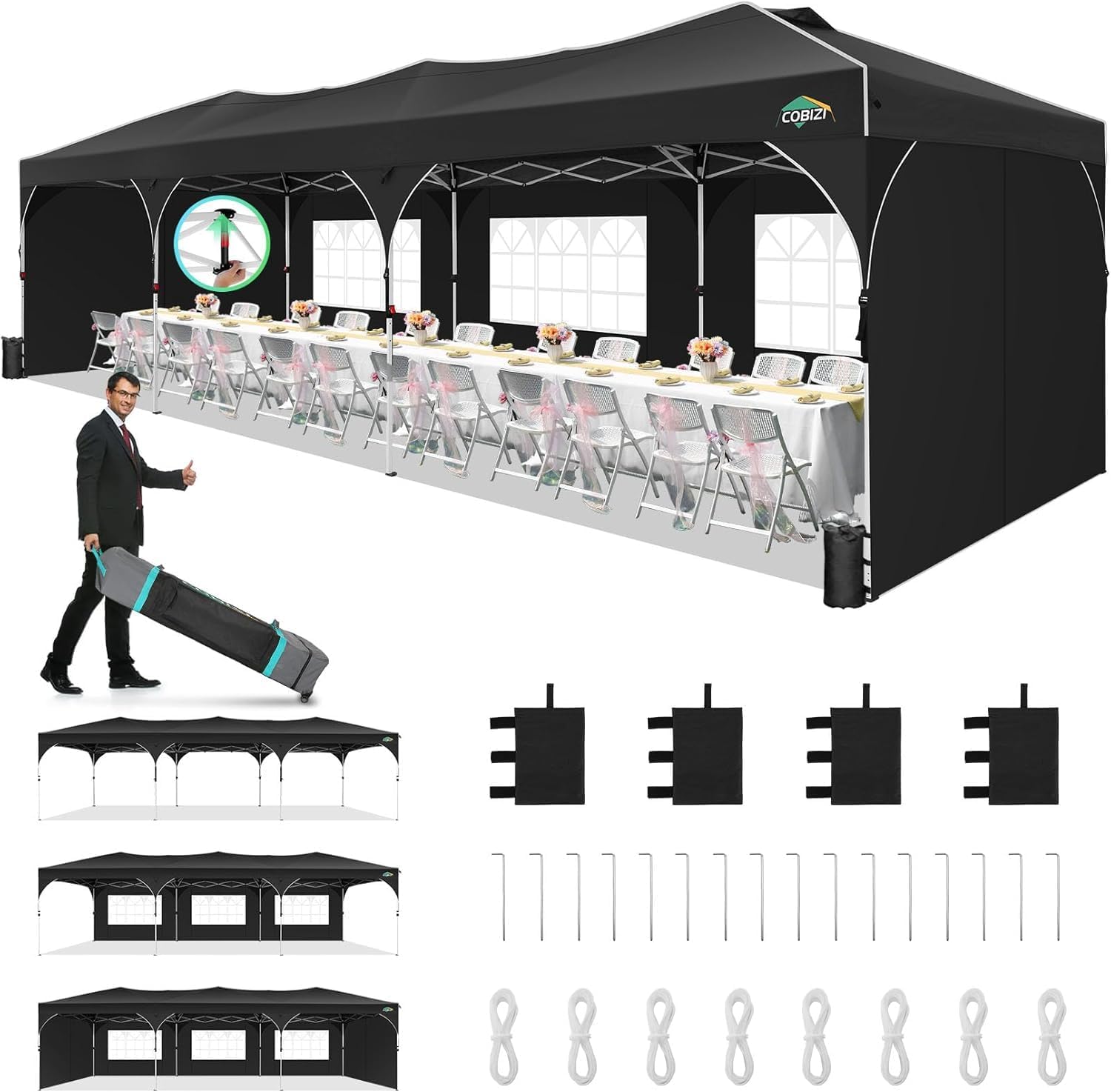 COBIZI 10x30 Pop Up Canopy Tent, Outdoor Party Tent with 5 Sidewalls, 1 Person Easy Set up, Tents for Parties with Fluorescent Strip & 4 Sandbags, Waterproof UPF50+, 3 Adjustable Height, Black