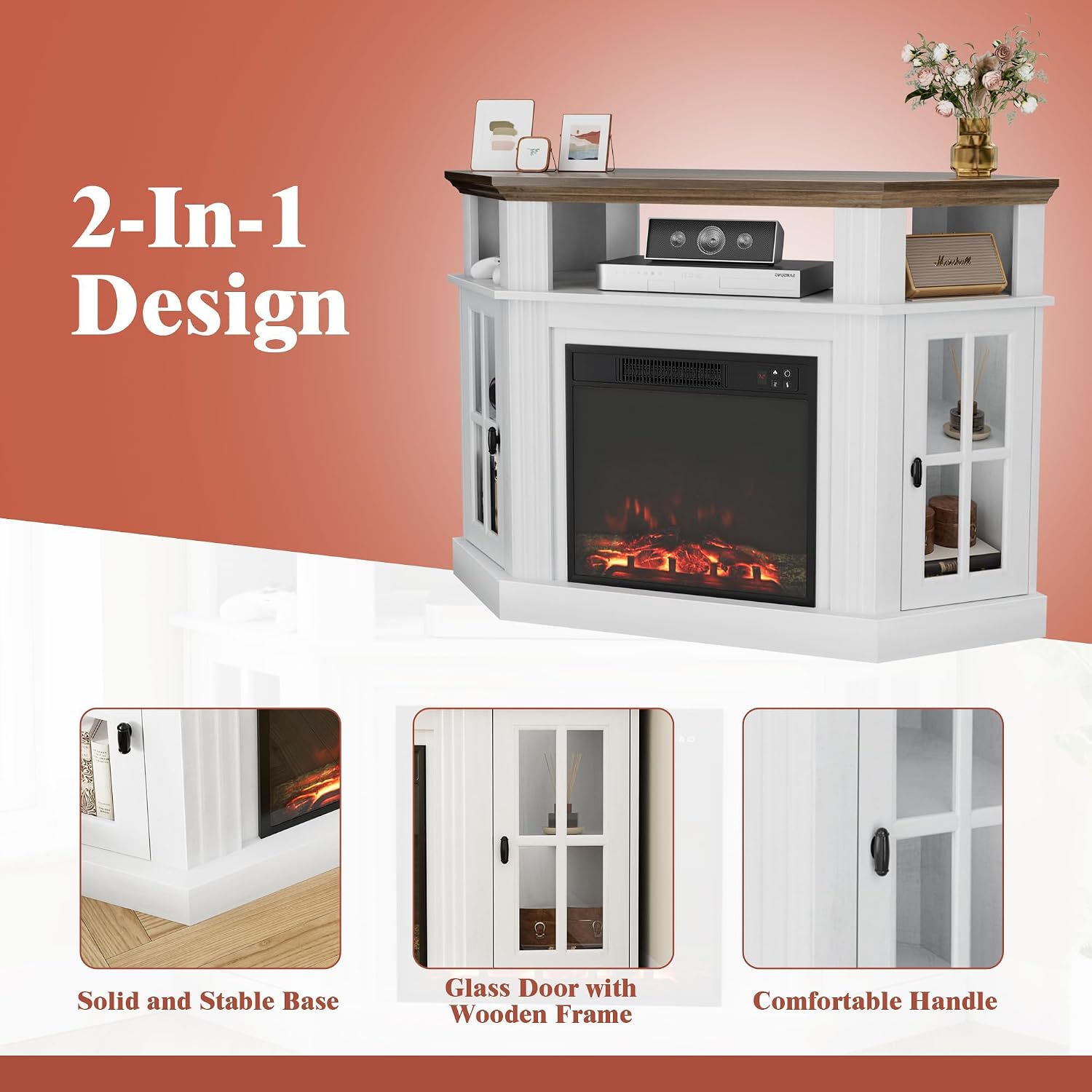Furmax Fireplace Corner TV Stand for Up to 55 Inch, Modern Console with 18 Inch Electric Fireplace, Entertainment Center with Open Shelf and Storage Cabinets for Living Room (Antique White)