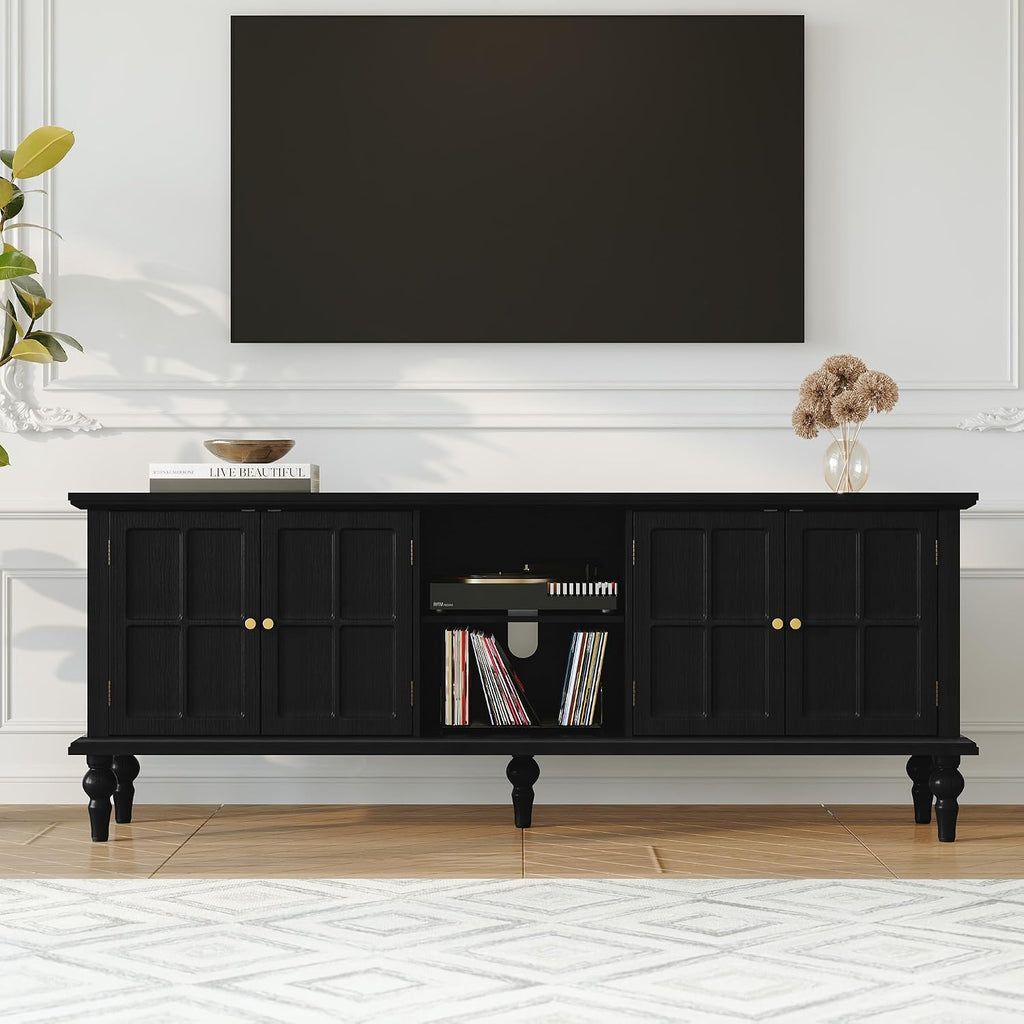 3More 67' Mid Century Modern TV Stand with Window Design,Wood Entertainment Center with Open Shelf,Up to 70' Media TV for Living Room or Bedroom,Black