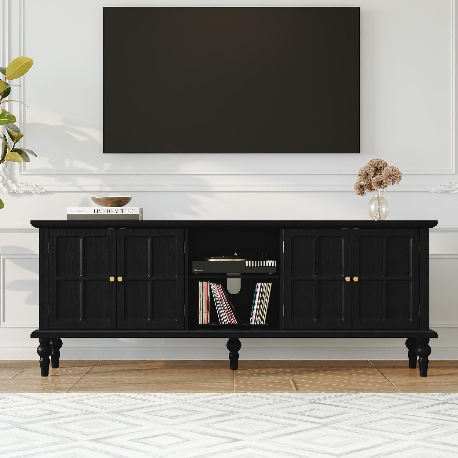3More 67' Mid Century Modern TV Stand with Window Design,Wood Entertainment Center with Open Shelf,Up to 70' Media TV for Living Room or Bedroom,Black