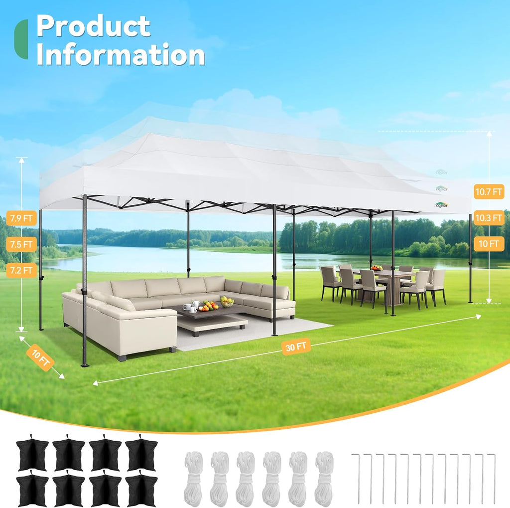 COBIZI 10x30 Heavy Duty Pop Up Canopy Tent with 8 Sidewalls Thicken Frame, Commercial Easy Up Outdoor Wedding Party Tents, All Season Waterproof Windproof with Stakes Sandbags Ropes Roller Bag, White