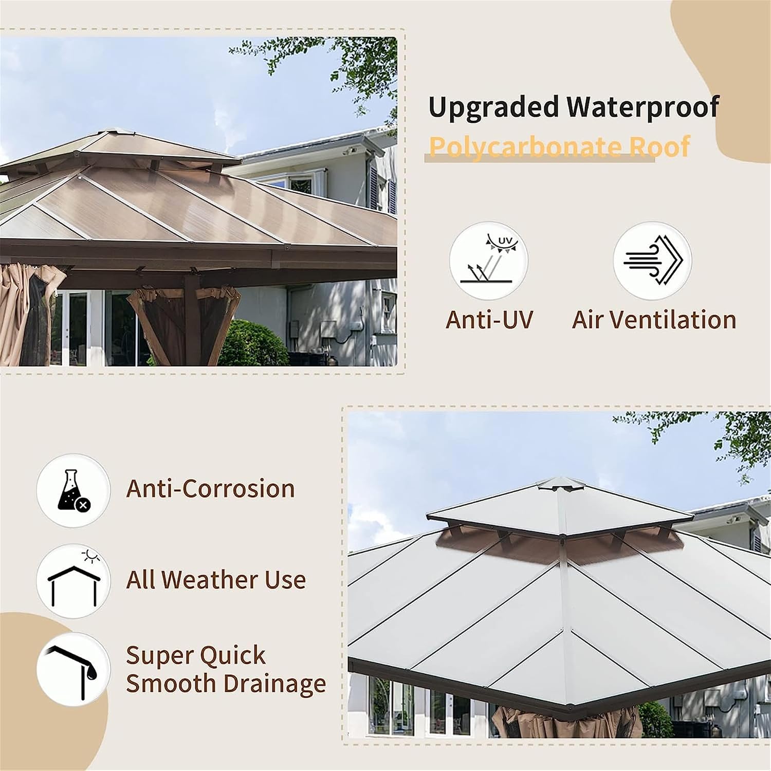 12'x12' Hardtop Gazebo, Pent Outdoor Gazebo with Polycarbonate Double Roof, Aluminum Gazebo Pavilion with Curtain and Net for Garden, Patio, Lawns, Deck, Backyard(Brown)