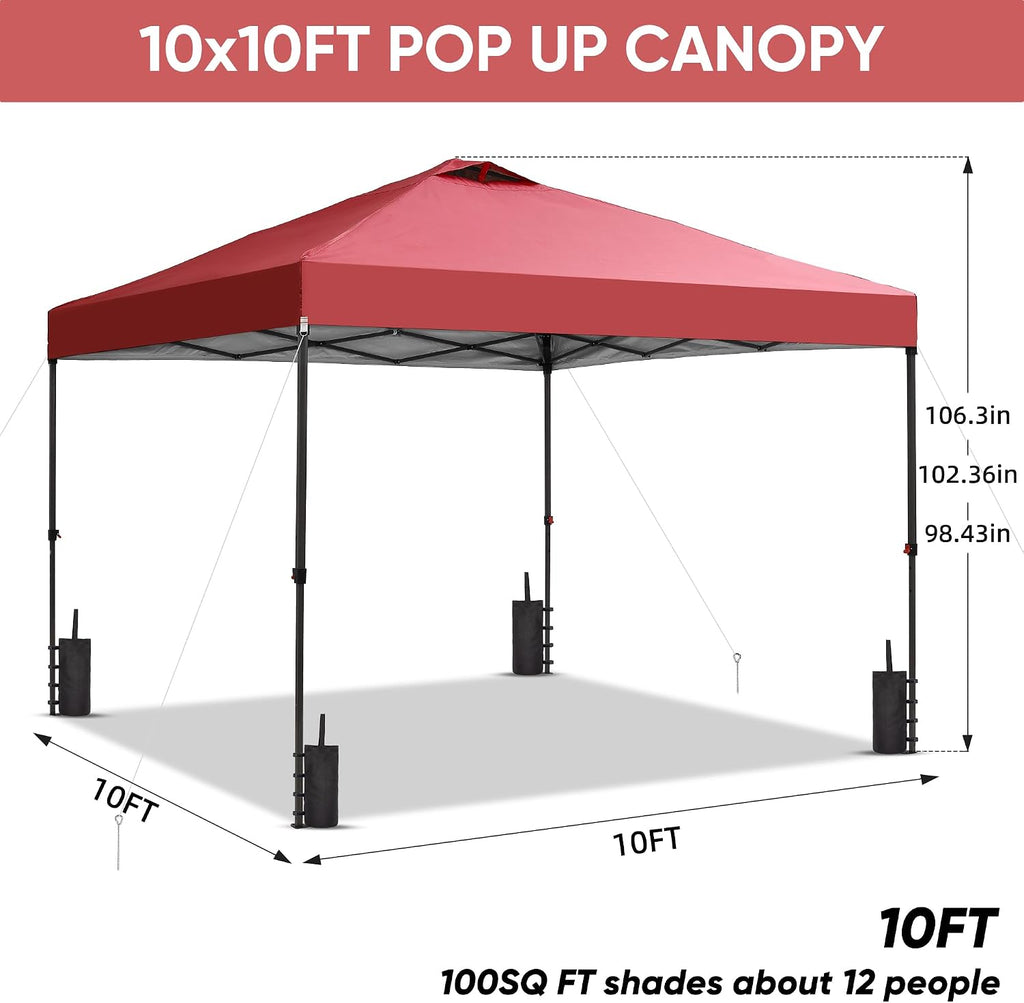 GDY 10x10 Pop Up Canopy Patio Carpas, One Push Set up with Central Lock Canopy with Hand Carry Bag, Included 4 Sandbaogs,8 Stakes and 4 Ropes, Red
