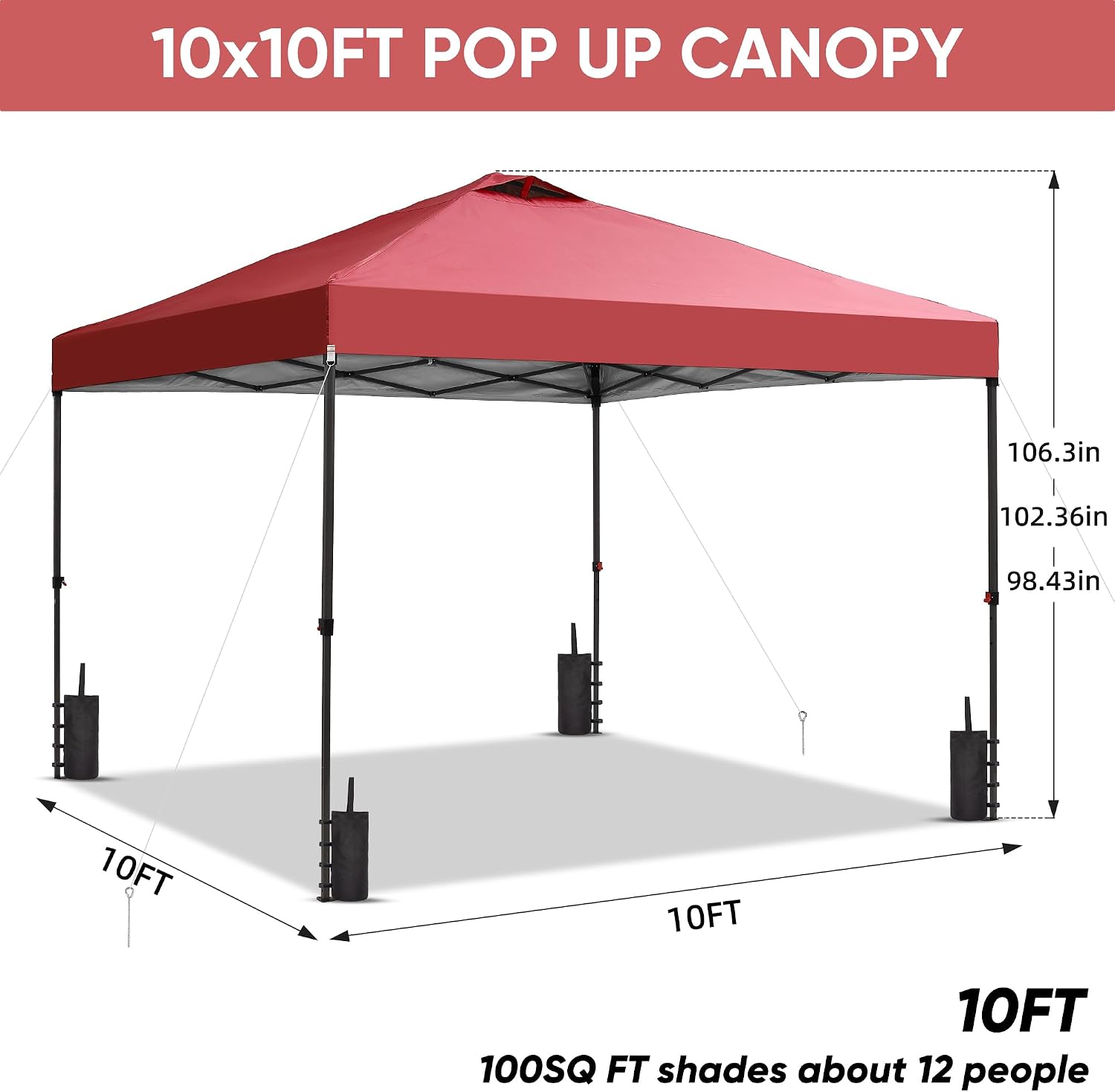 GDY 10x10 Pop Up Canopy Patio Carpas, One Push Set up with Central Lock Canopy with Hand Carry Bag, Included 4 Sandbaogs,8 Stakes and 4 Ropes, Red