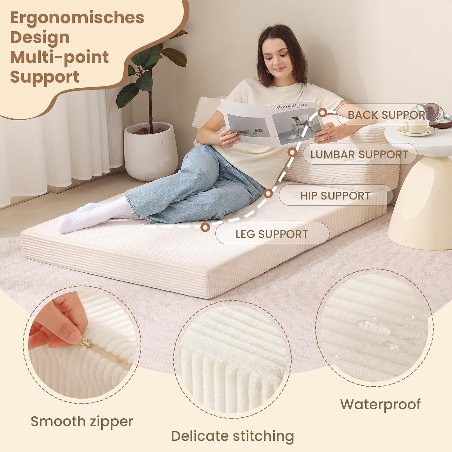JUIKURY Folding Sofa Bed, Convertible Sleeper Chair with Pilow Foldable Matress, 2 in 1 Pull Out Loveseat Sofa Portable Fold Out Chair Bed Floor Couch Lounge for Living Room Bedroom (Beige, Queen)