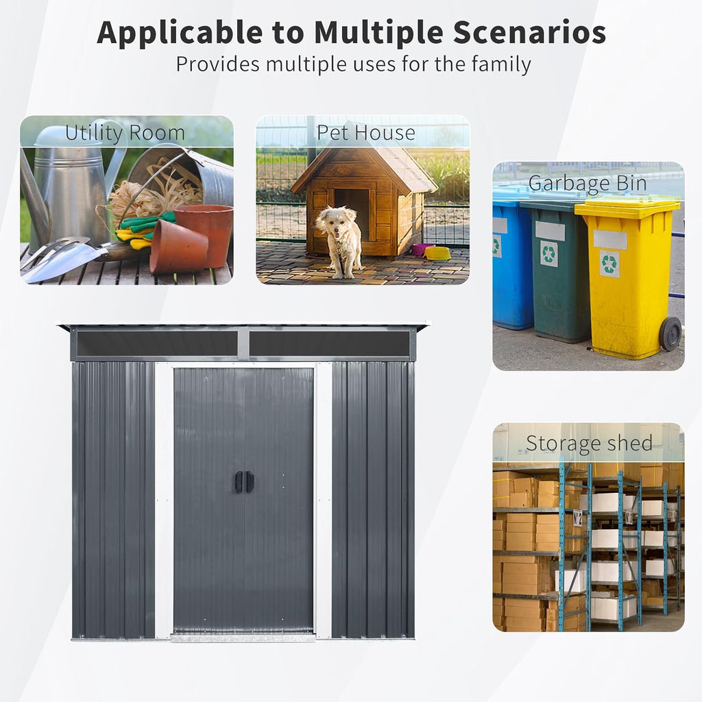 GDFStudio 6ft x 5ft Outdoor Metal Storage Shed with Window and Transparent Roof Panel, Garden Tool House with Metal Foundation, Sliding Doors, Hooks & Accessories Included,Black and White